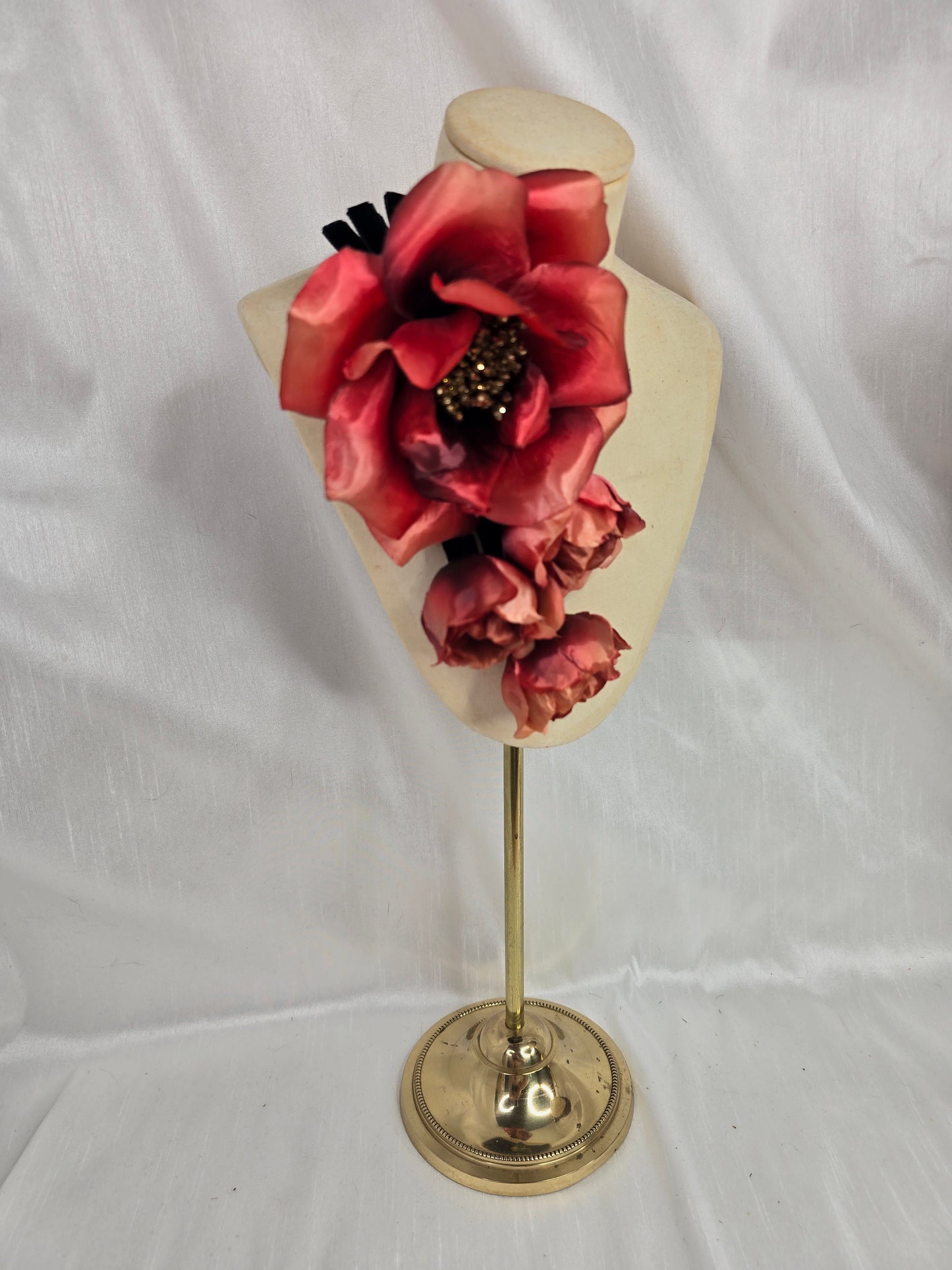 Plum brown stretch velvet turban with flower trim and corsage