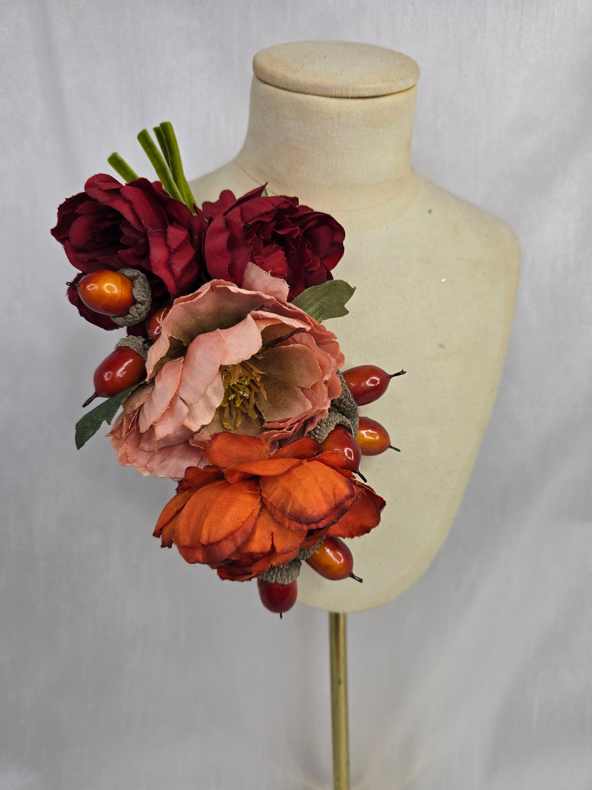 Peach, orange, red and acorn hair flower and corsage set
