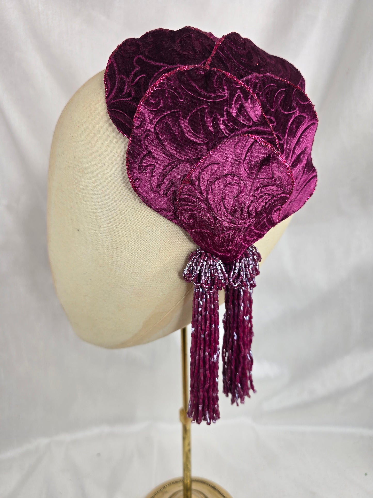 Dark magenta half hat/fascinator with beaded tassels (made to order)