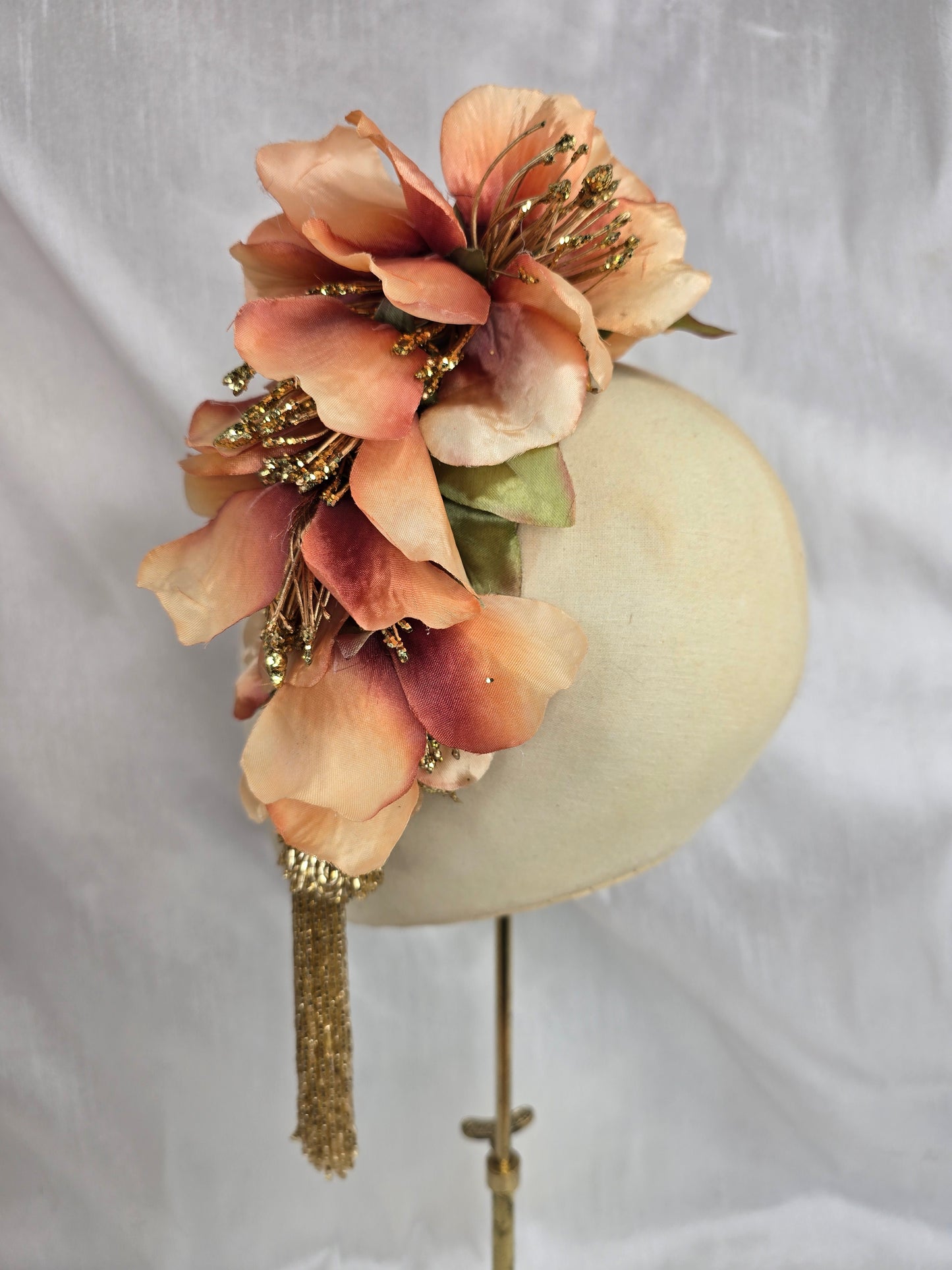 Large pale orange and gold cascade hair flower with beaded tassels
