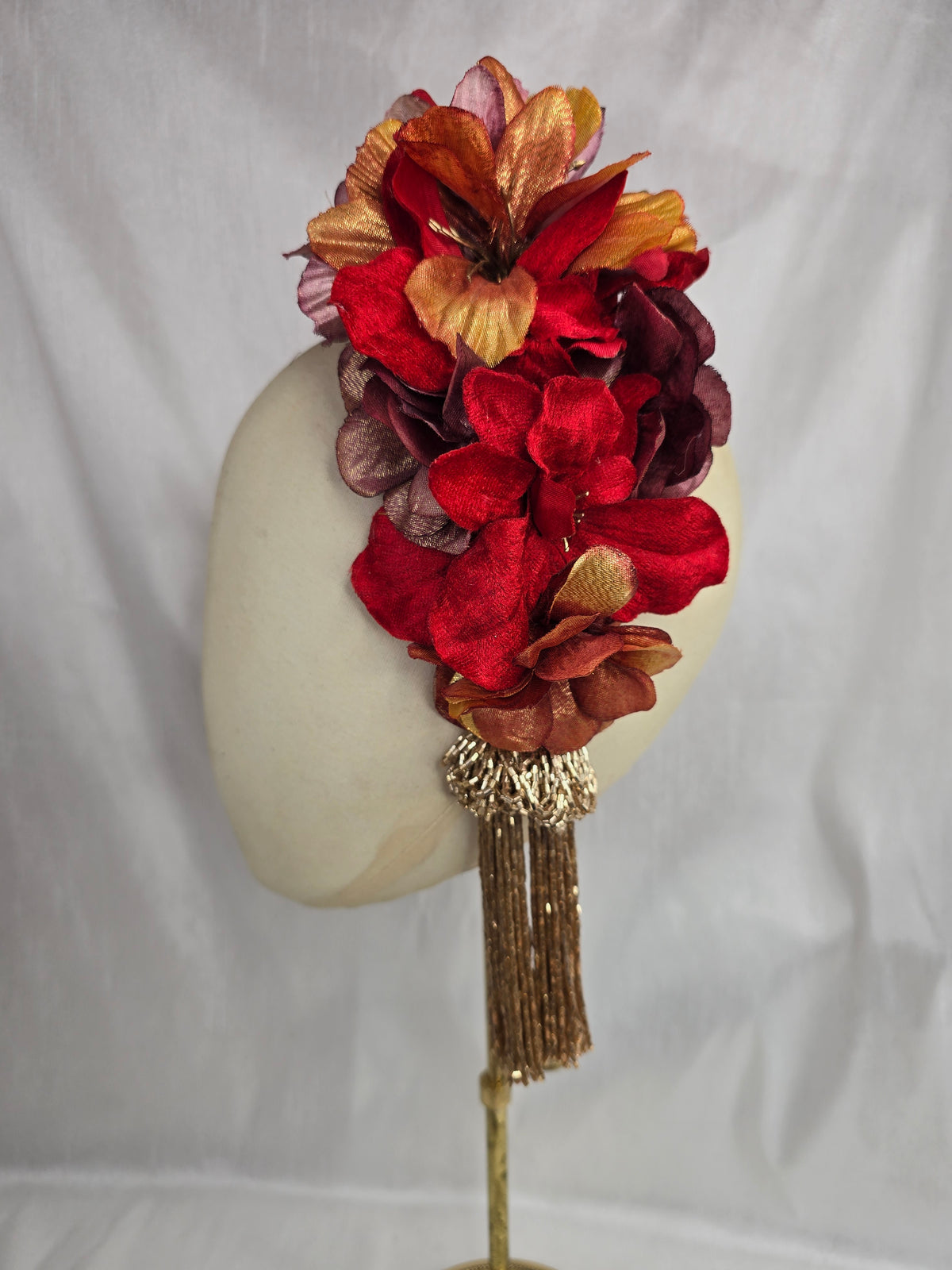 XL maroon, red and orange autumn flower headpiece/corsage with beaded tassels