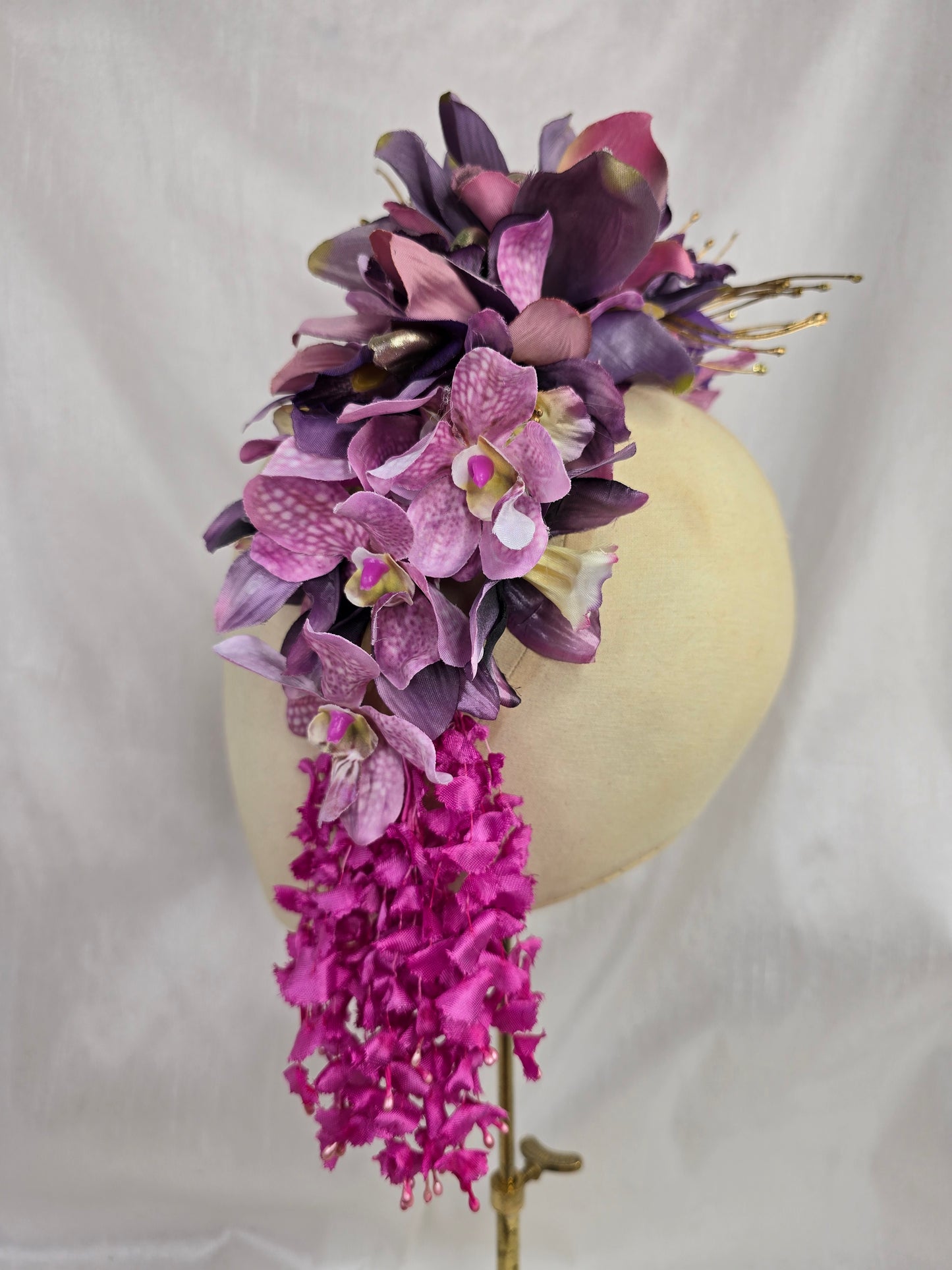 Extra large purple orchid and dangly wisteria flower headpiece