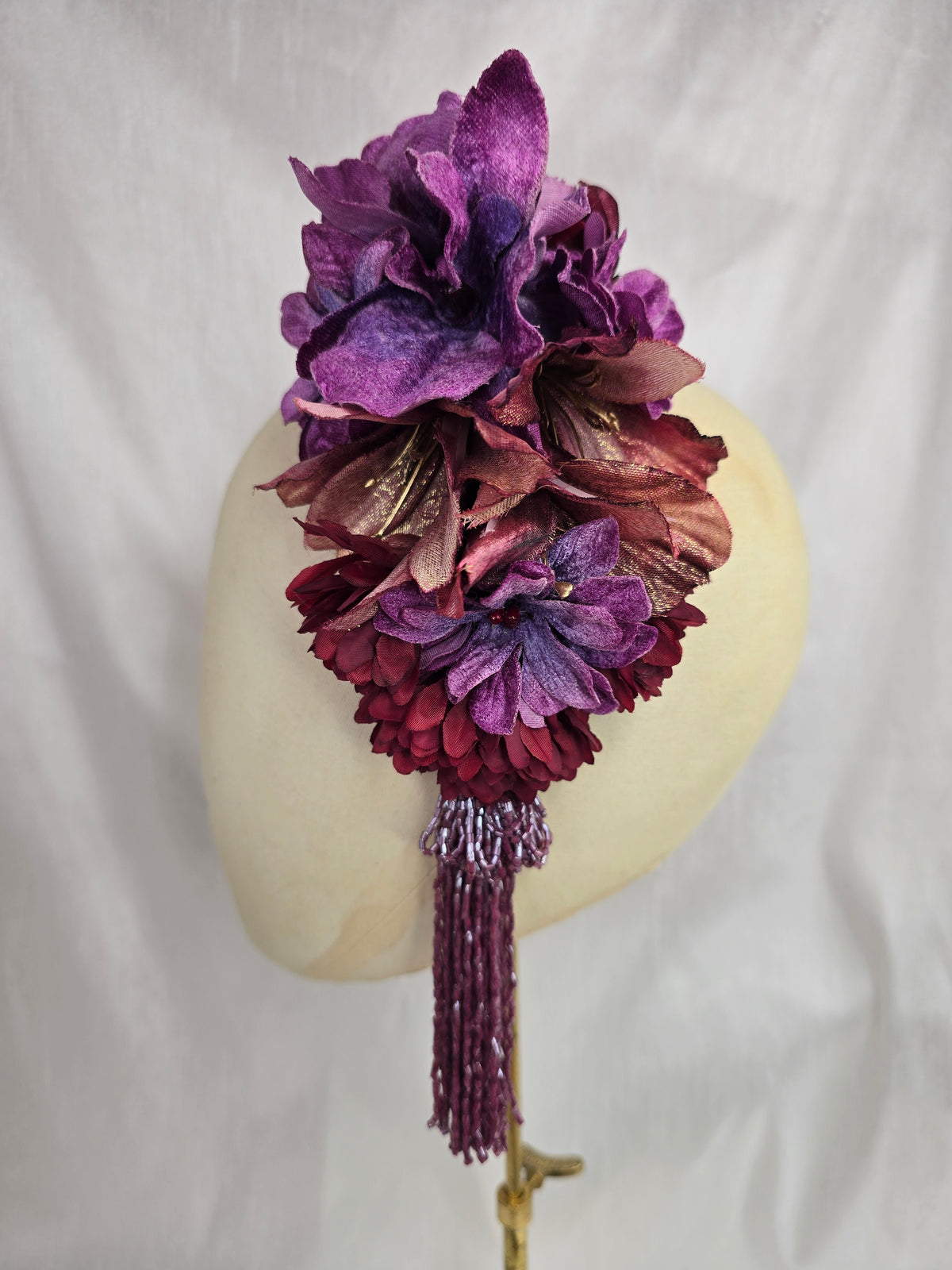 XL purple, maroon and gold autumn flower headpiece with beaded tassels