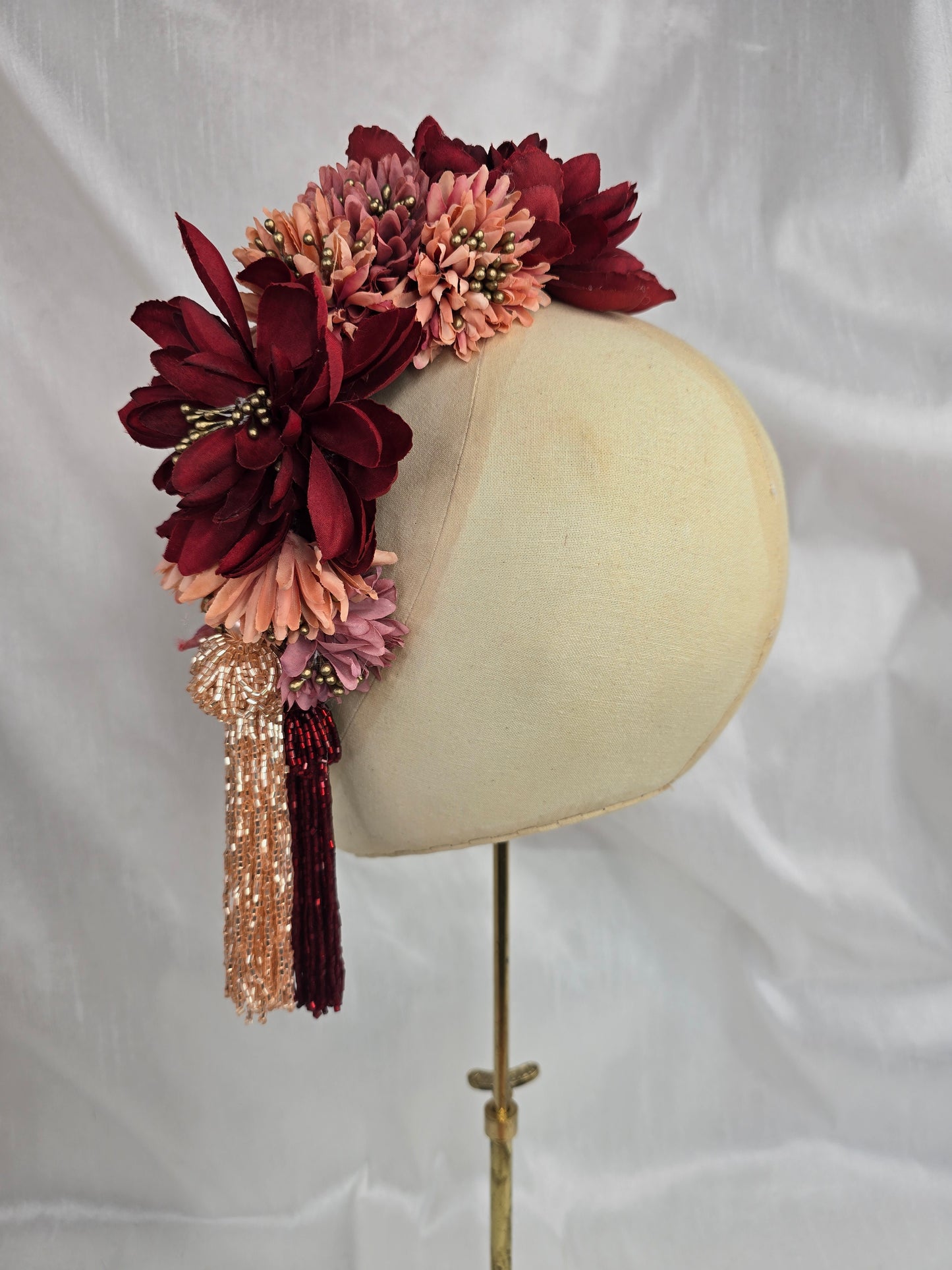 Large red, coral, pink and gold flower headpiece with beaded tassels
