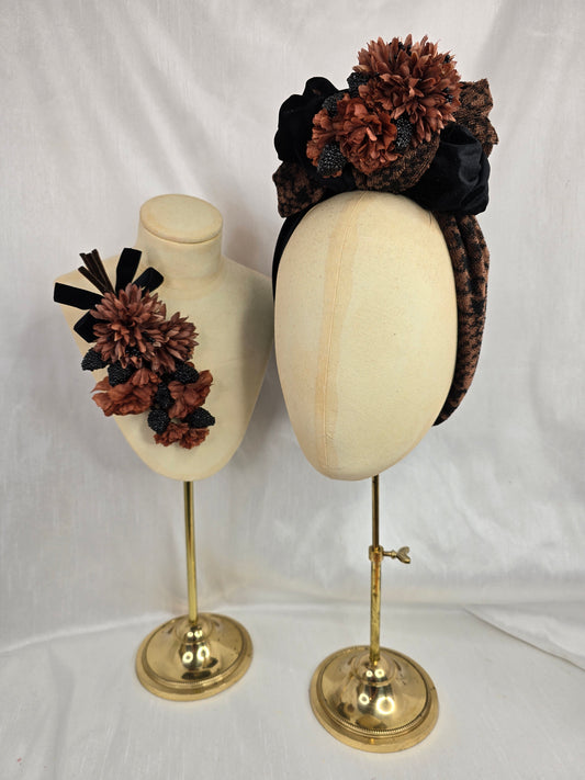 Brown houndstooth and black stretch velvet turban with brown flowers