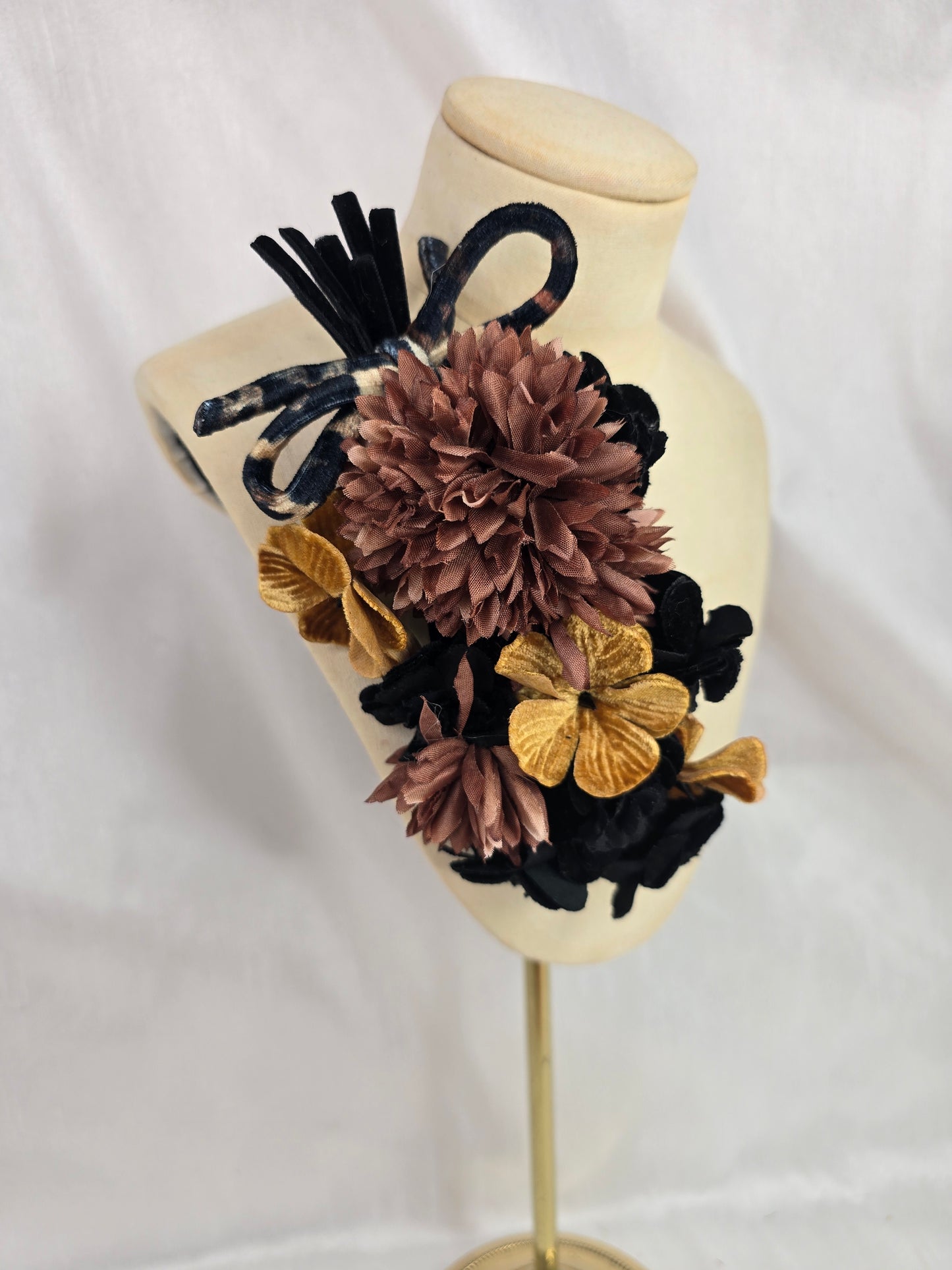 Black and leopard stretch velvet turban with  corsage