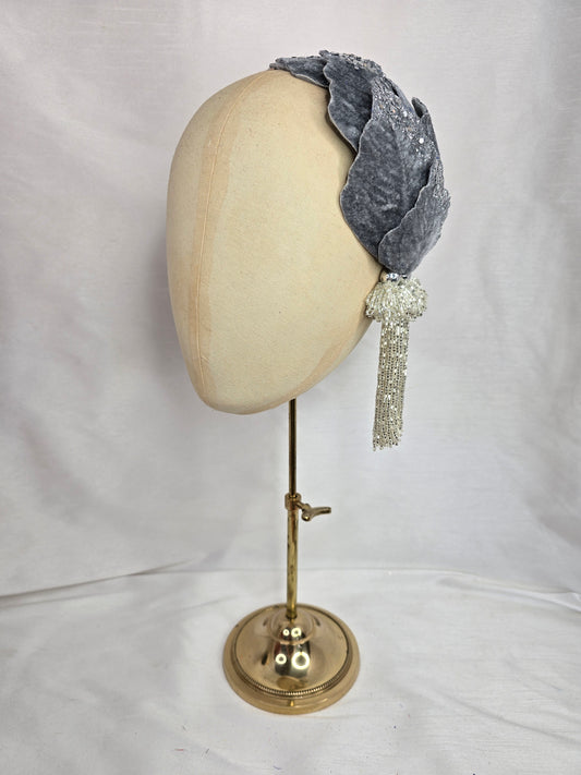 Silver velvet glittered half hat/fascinator with silver beaded tassels