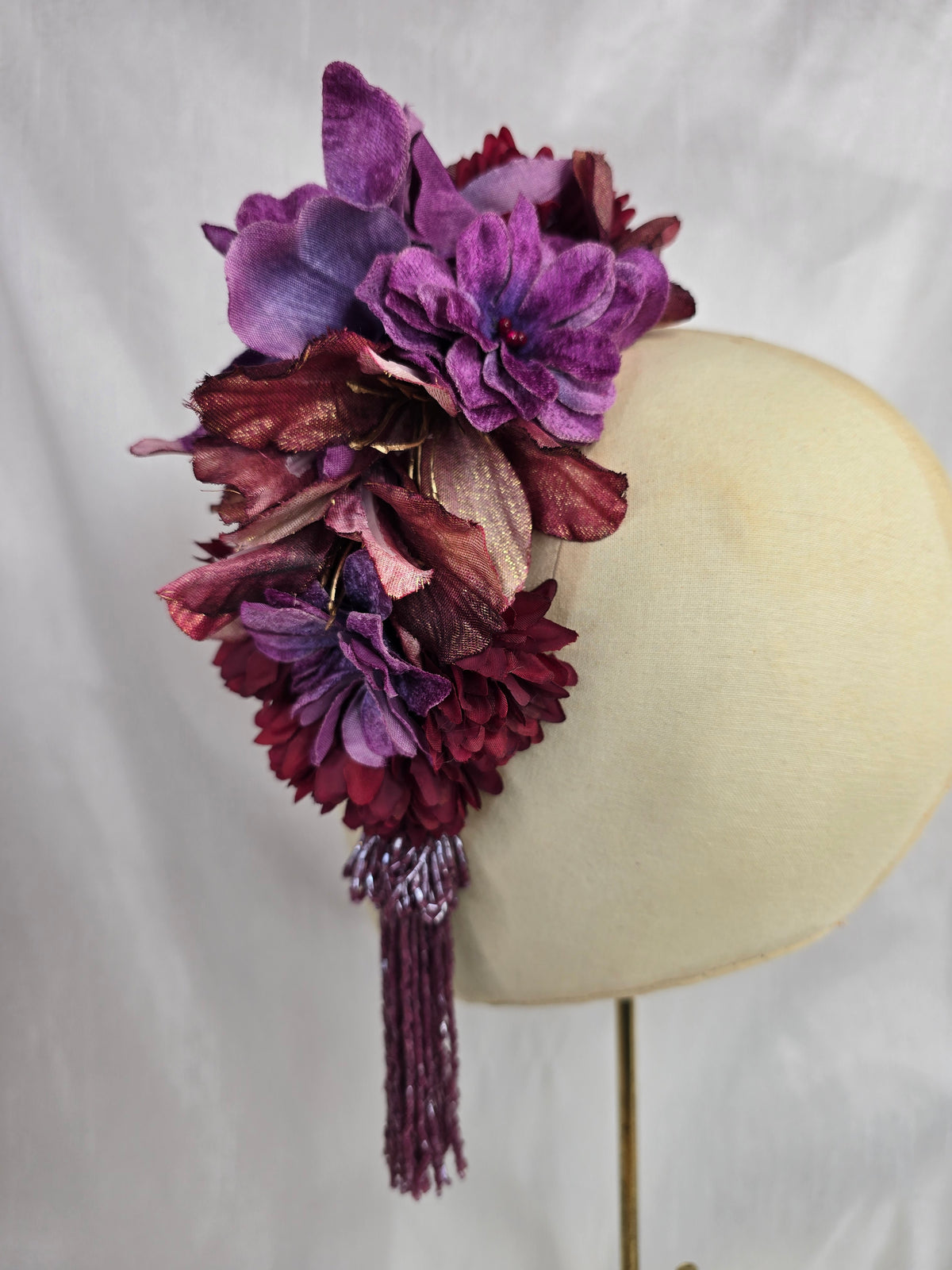 XL purple, maroon and gold autumn flower headpiece with beaded tassels