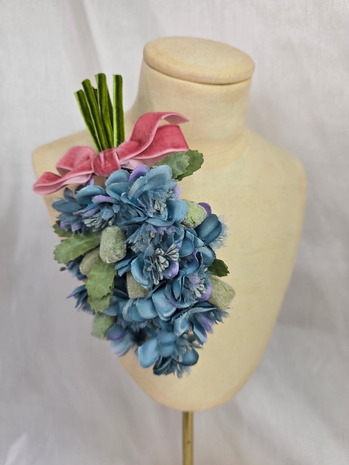 Pink and mocha stretch velvet turban with flower trim, hair flower and corsage
