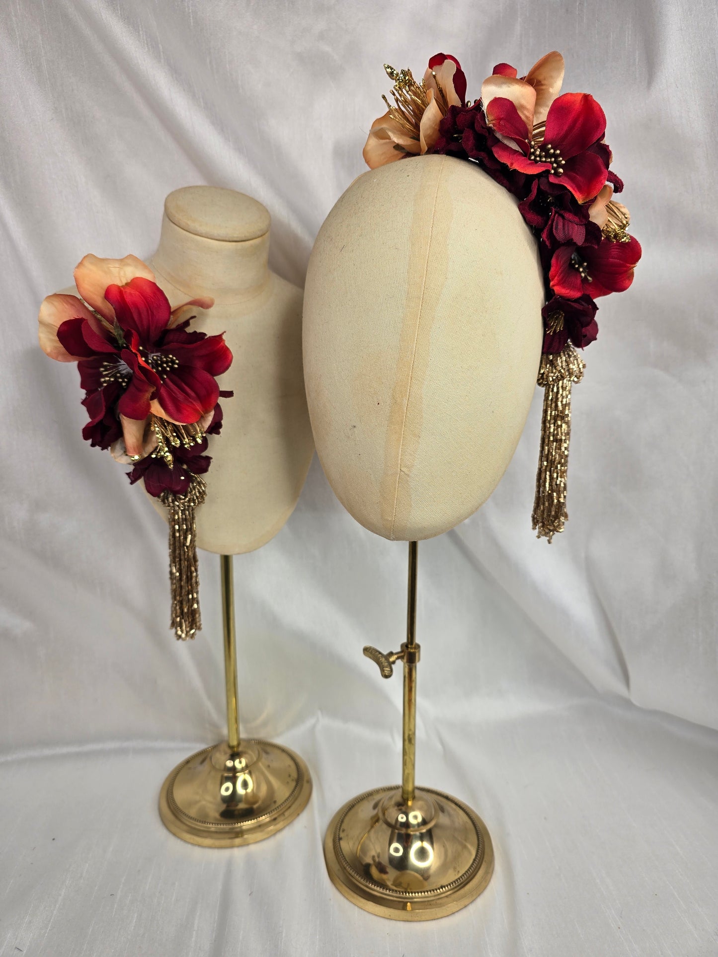 Large pale orange, red and gold flower headpiece with gold beaded tassel