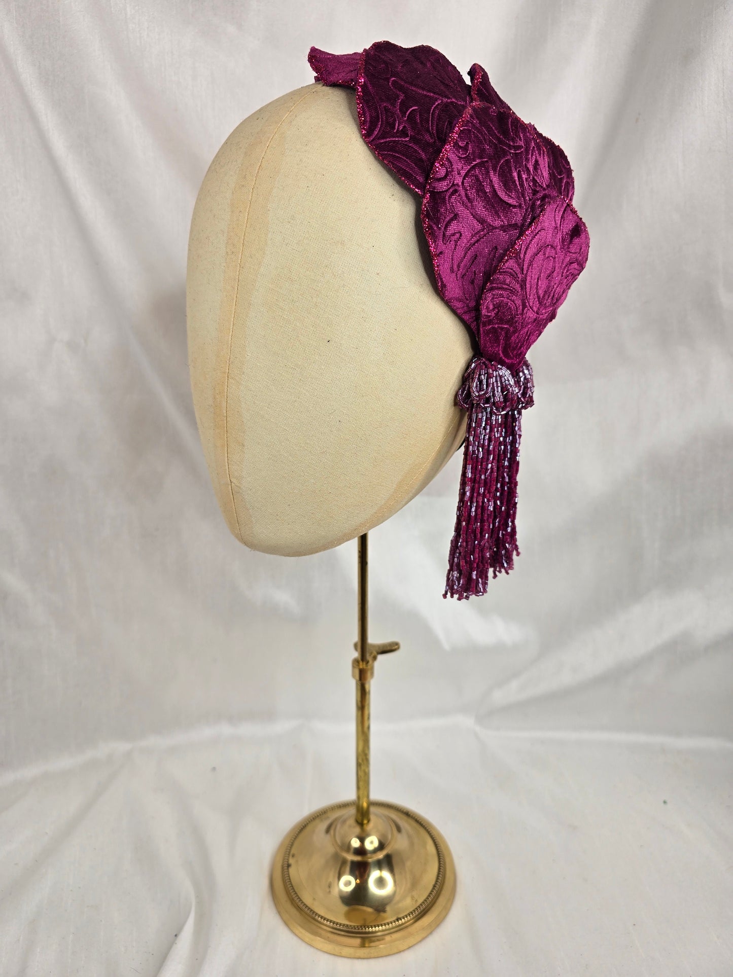 Dark magenta half hat/fascinator with beaded tassels (made to order)