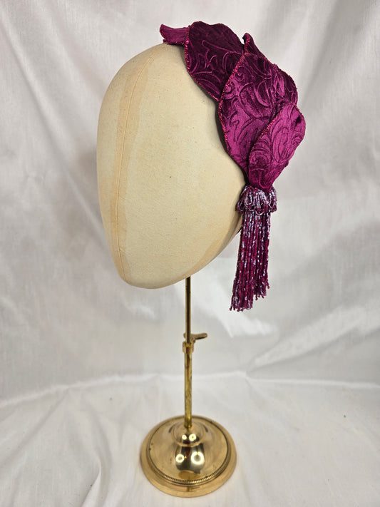 Dark magenta half hat/fascinator with beaded tassels (made to order)