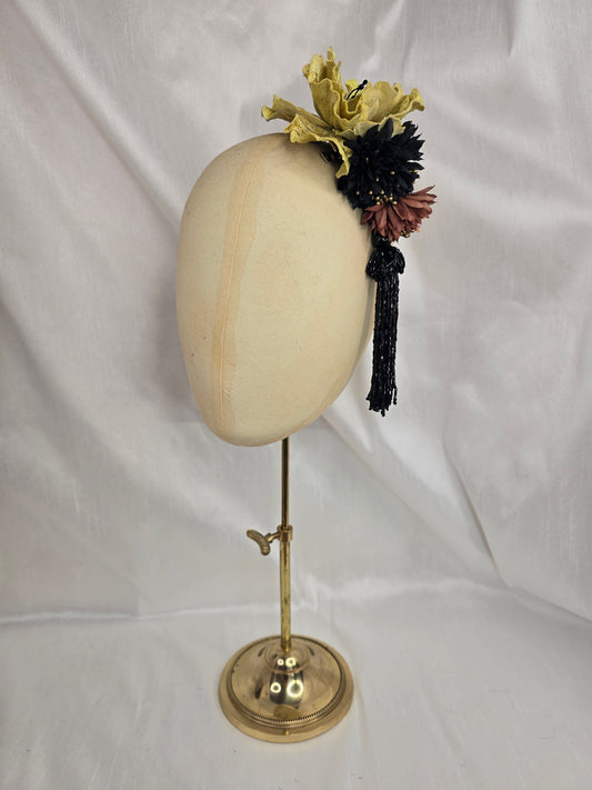 Medium chartruese yellow, black and gold flower headpiece with black beaded tassel