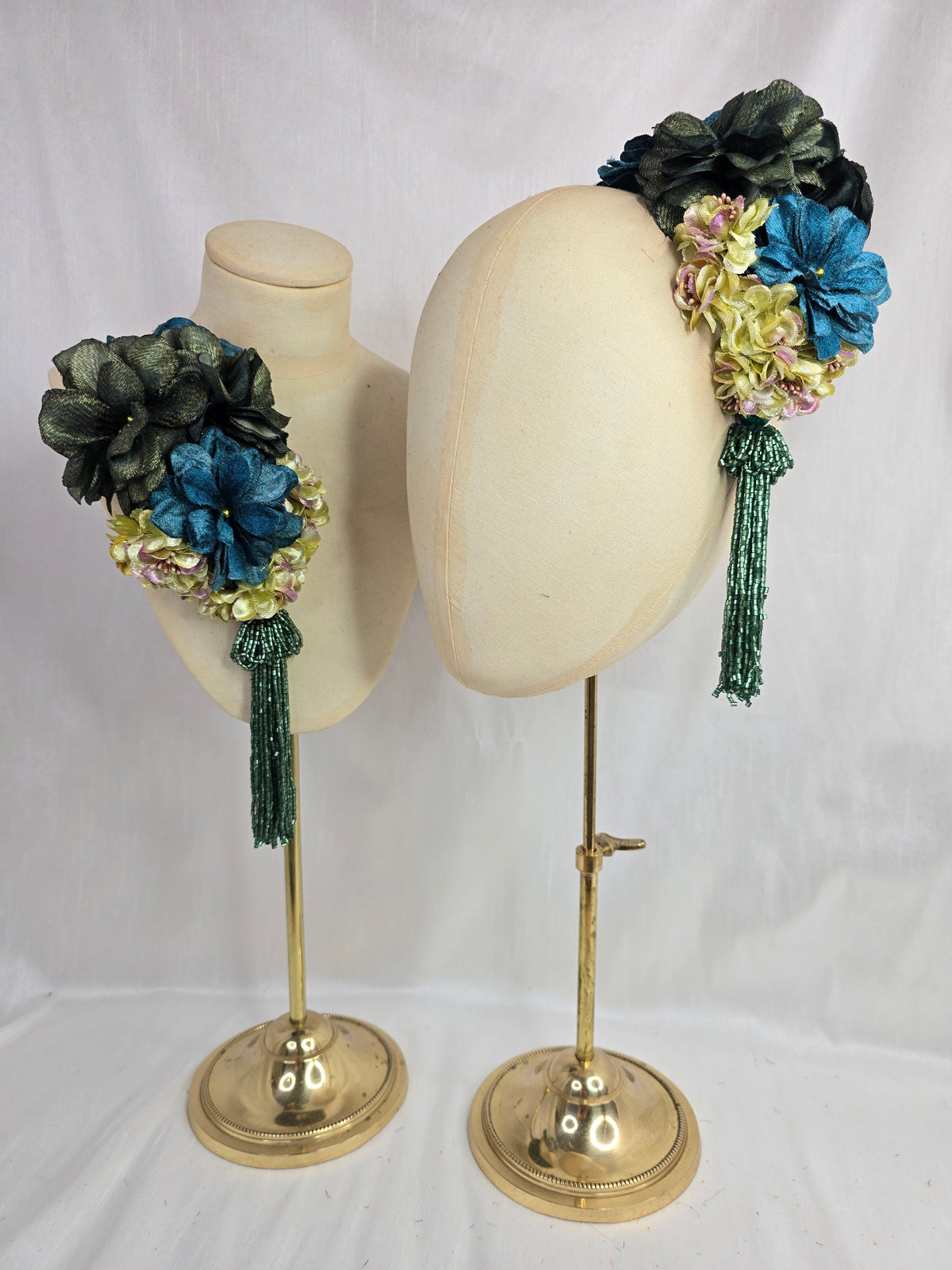 Medium teal, green, gold and chartreuse flower headpiece/corsage with beaded tassel