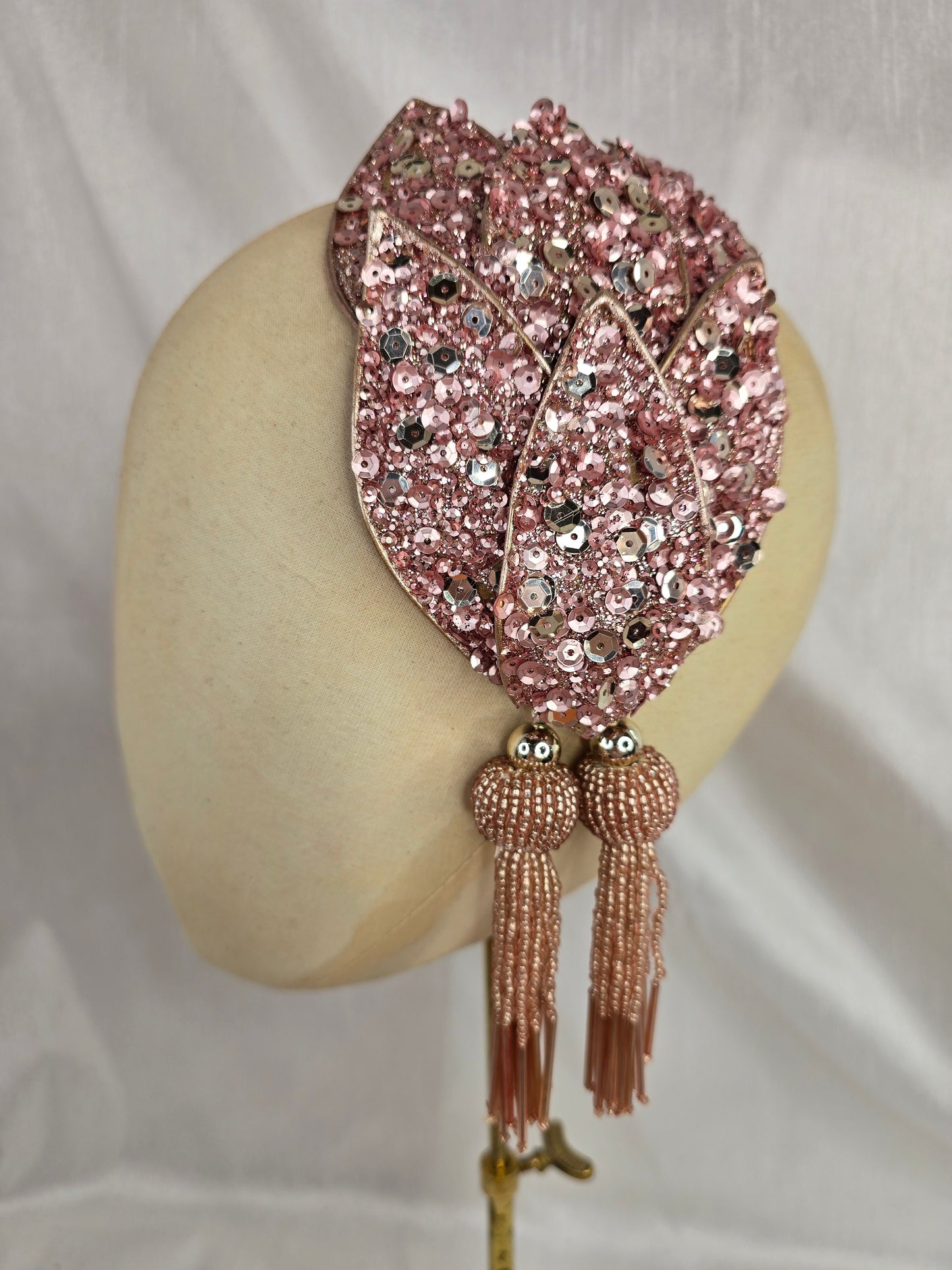 Pale pink sequin half hat/fascinator with beaded tassels (made to order)