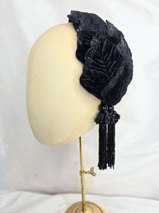 Black velvet glittered half hat/fascinator with black beaded tassels