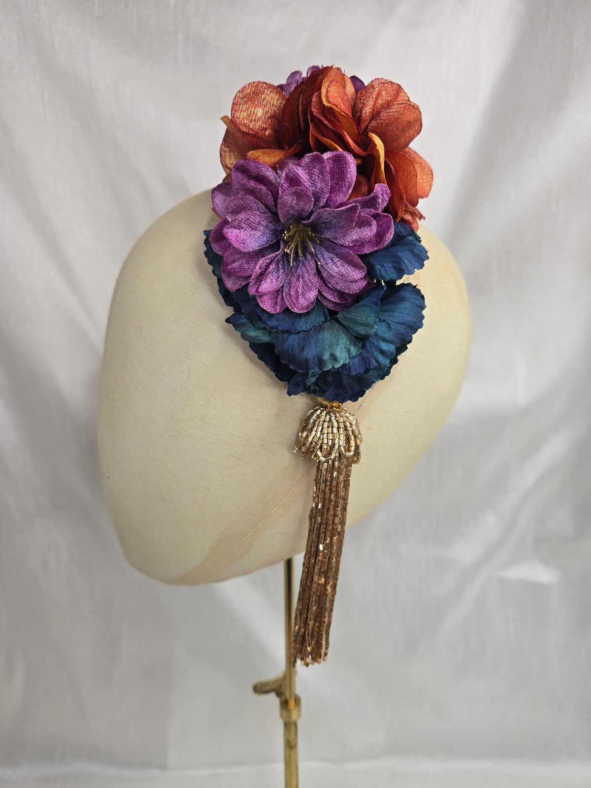 Medium multi autumn flower headpiece/corsage with beaded tassel