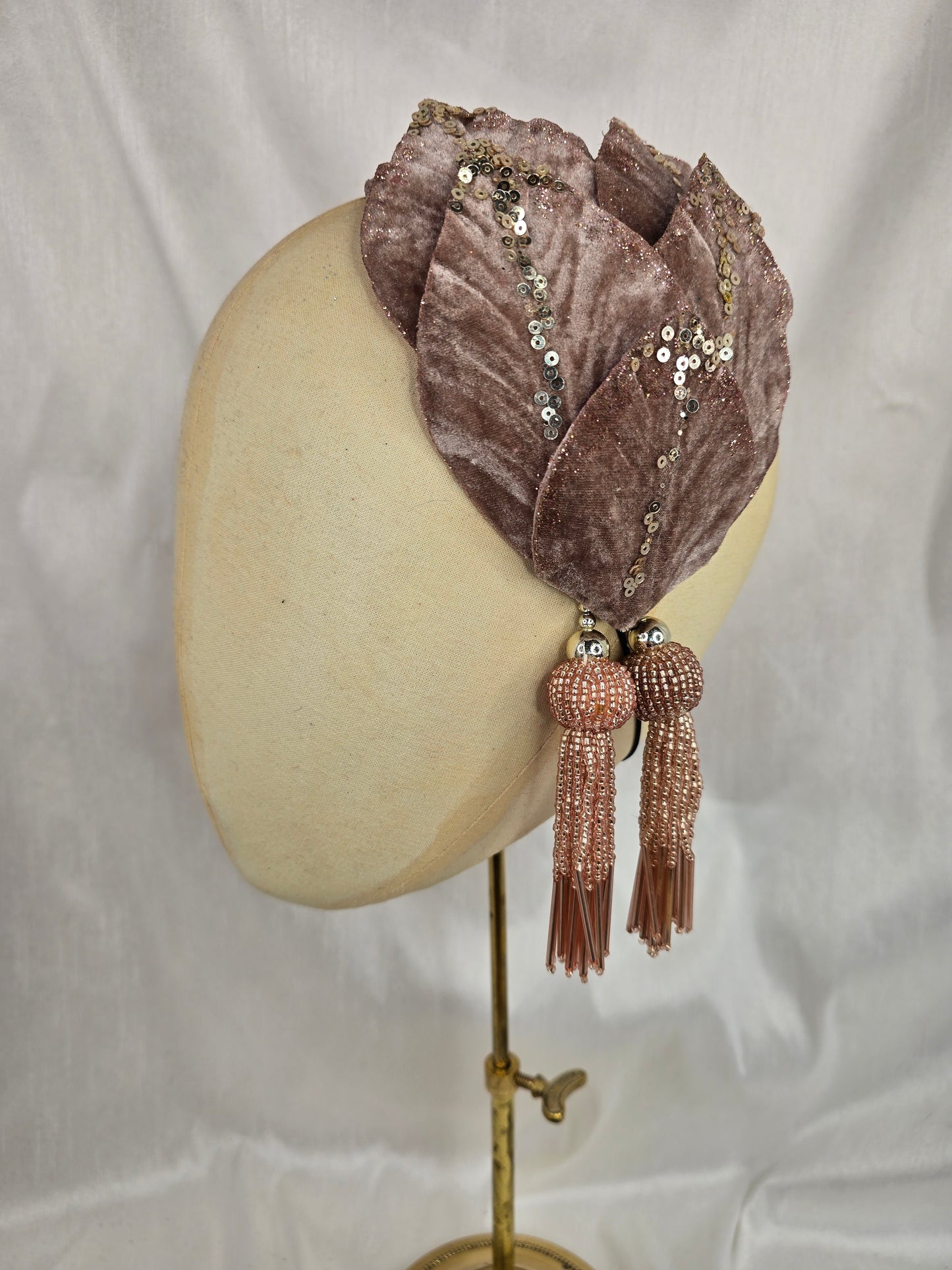 Rose gold glittered half hat/fascinator with beaded tassels (made to order)