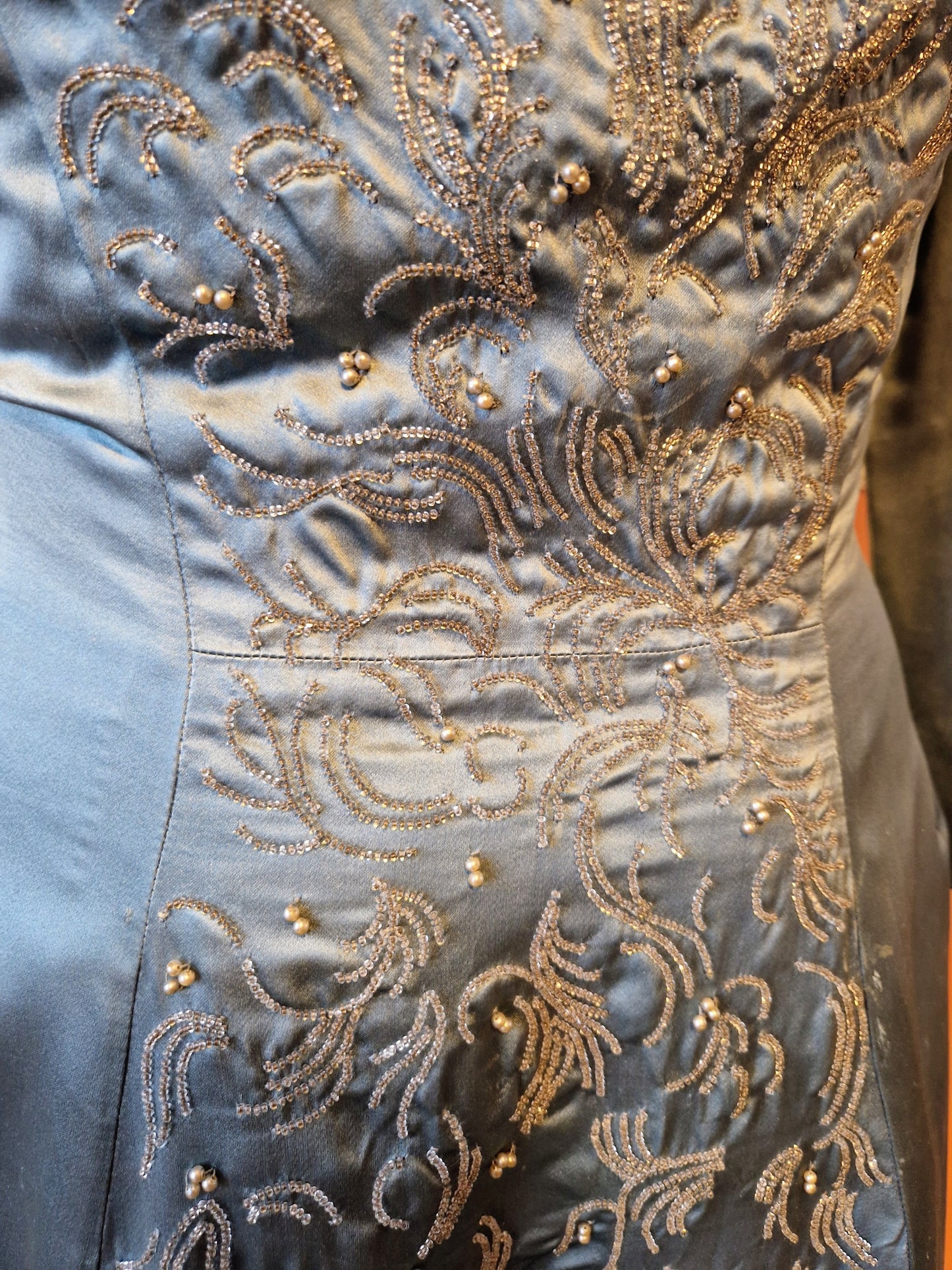 1950s duck egg blue satin beaded full skirt dress size 10