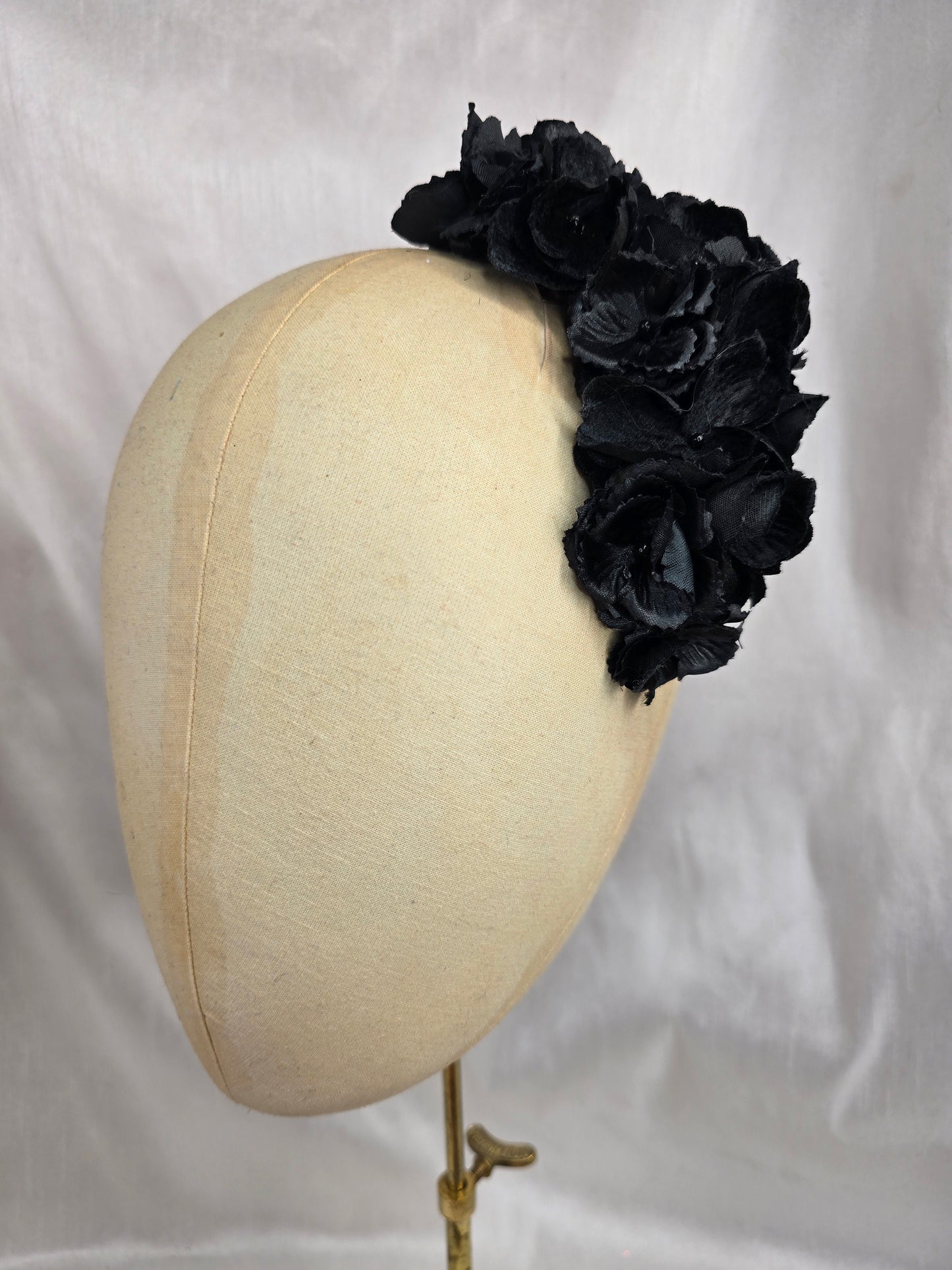 Leopard and tan stretch jersey turban with flower trim and corsage