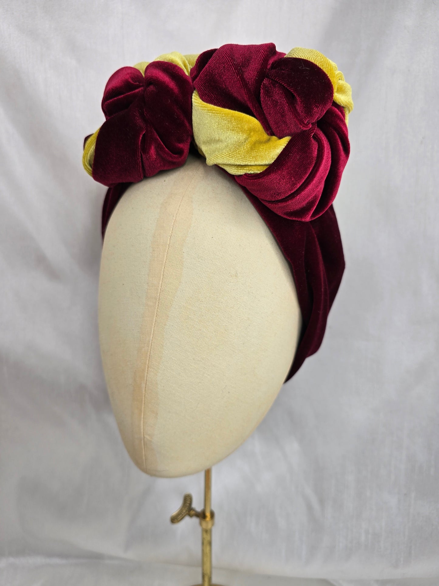 (Copy) Black and chartreuse and red stretch velvet turban with flowers