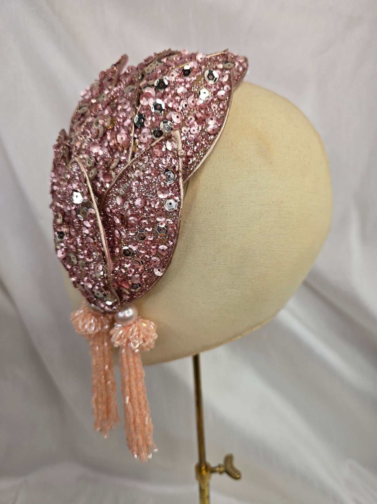 Pale pink sequin half hat/fascinator with beaded tassels (made to order)