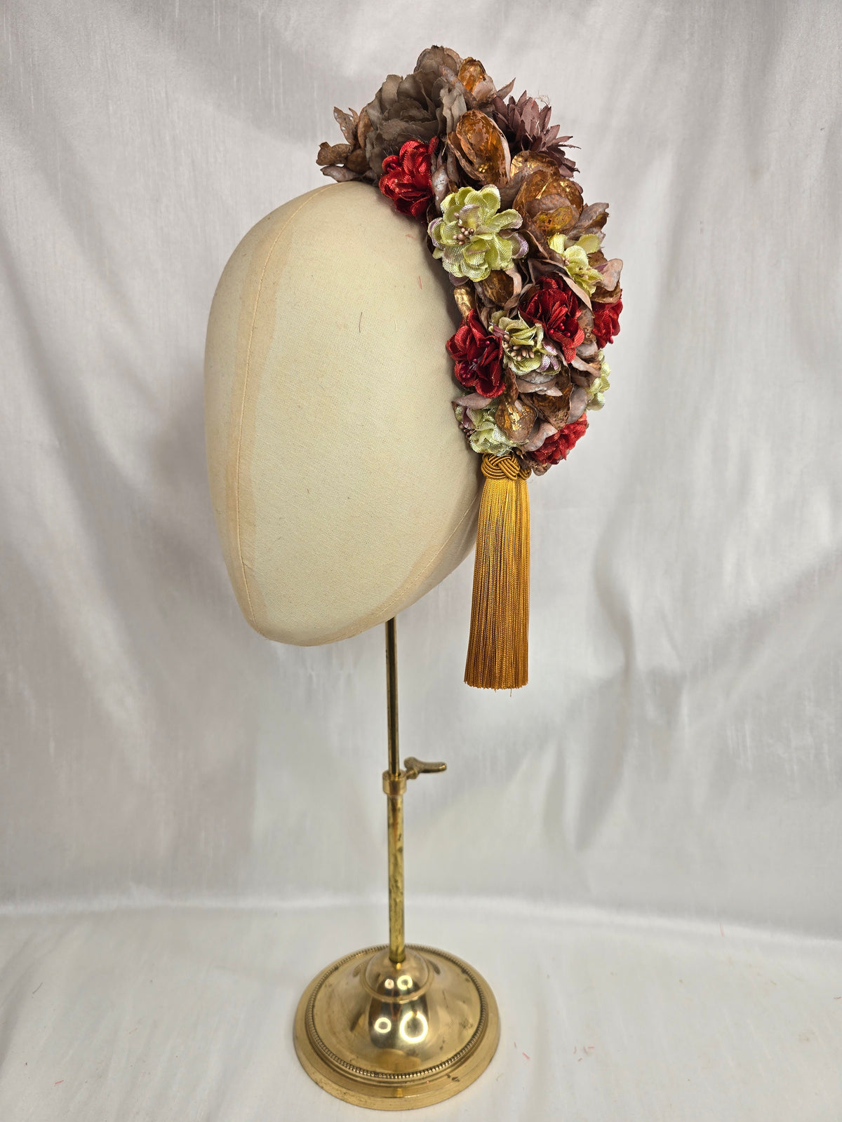 XL mocha, chartruese, and red autumn flower headpiece with mustard silky tassel