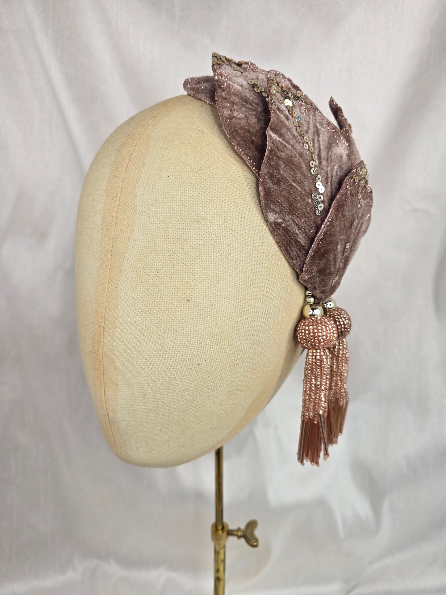 Rose gold glittered half hat/fascinator with beaded tassels (made to order)