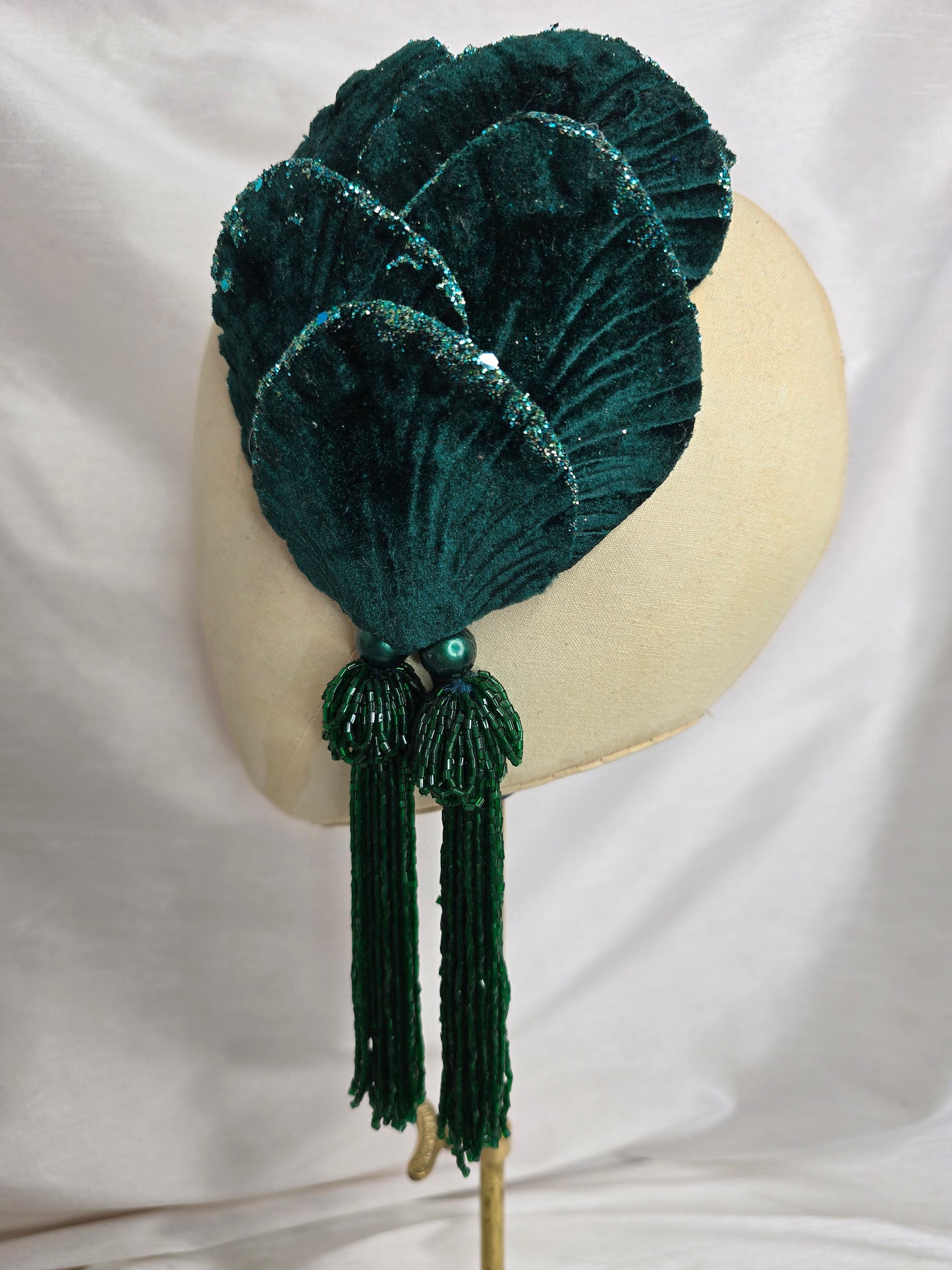 Bottle green velvet glittered half hat/fascinator with green beaded tassels (made to order)
