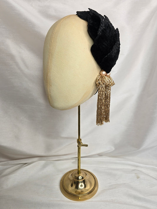 Black velvet glittered half hat/fascinator with gold beaded tassels