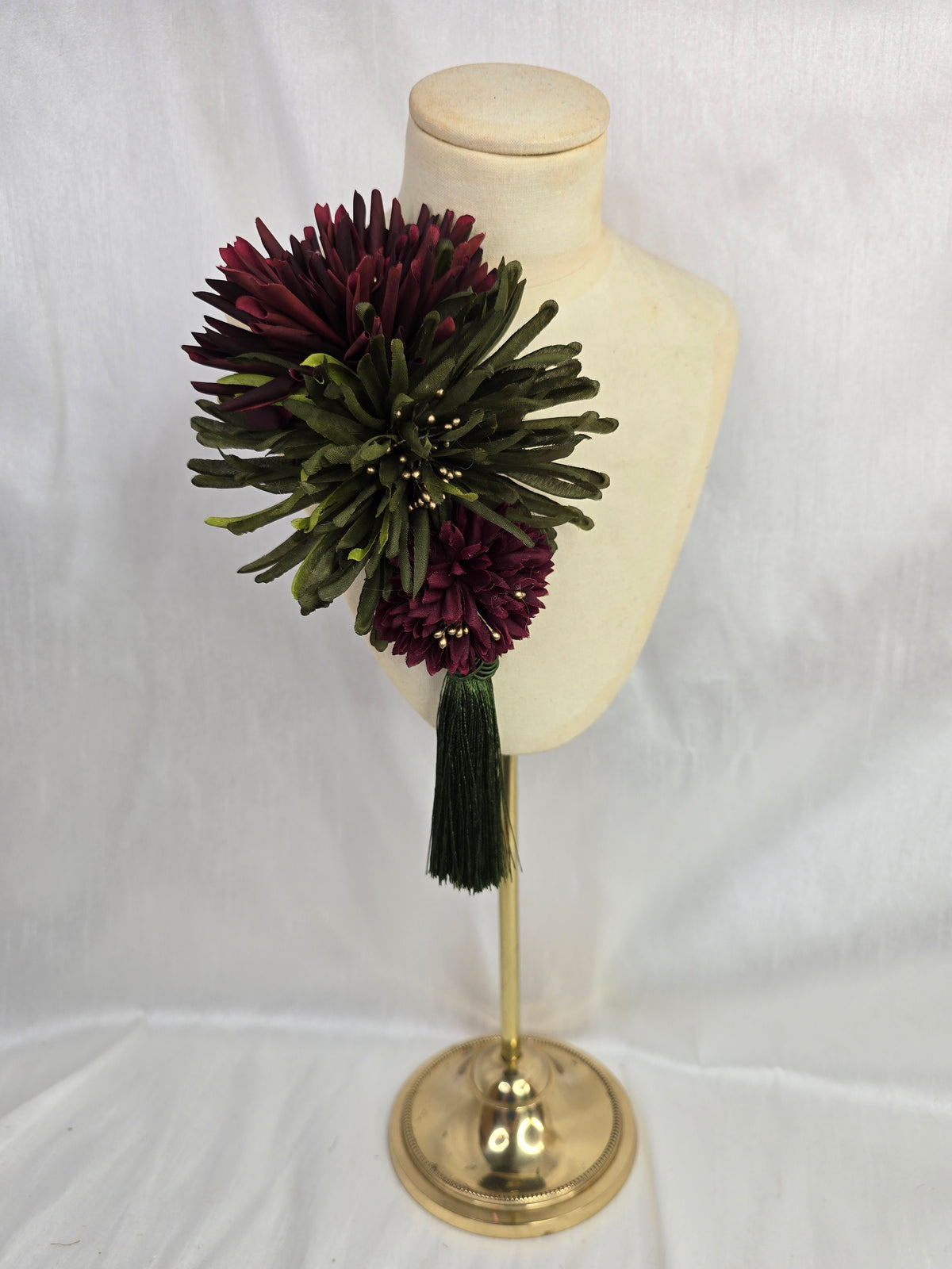 L olive, maroon and gold autumn flower headpiece/corsage with silky tassel