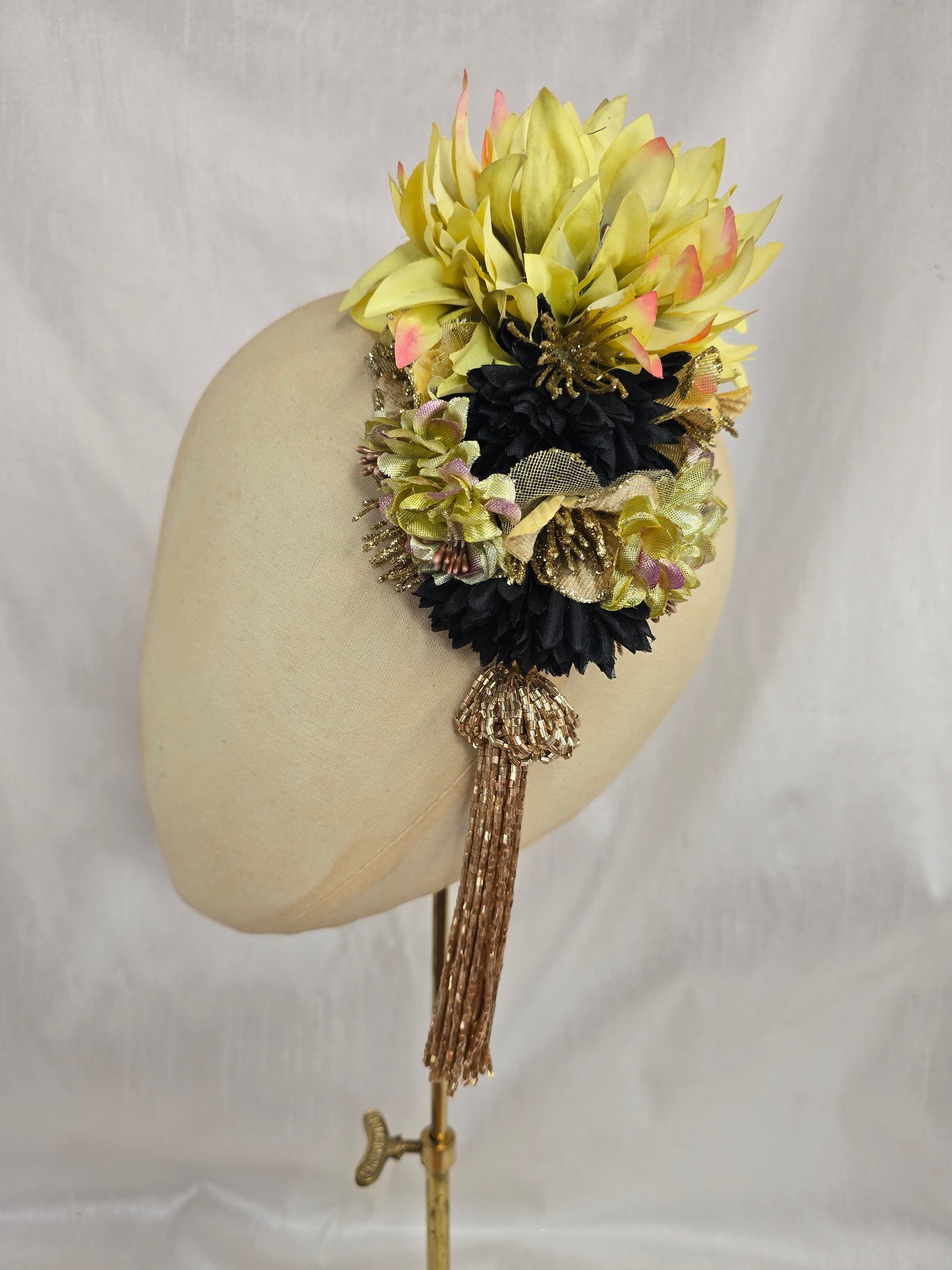 Large gold/black/chartruese hair flower with beaded tassel (Copy)