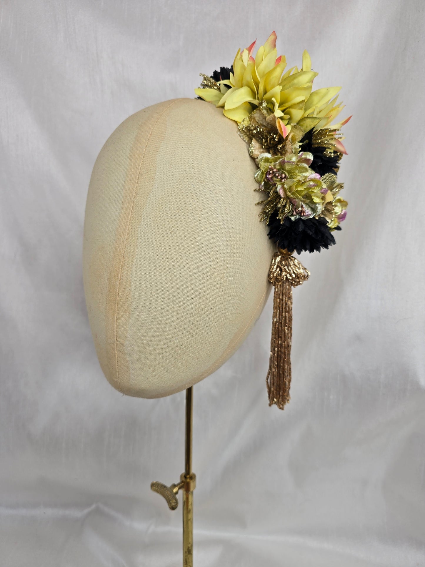 Large gold/black/chartruese hair flower with beaded tassel (Copy)