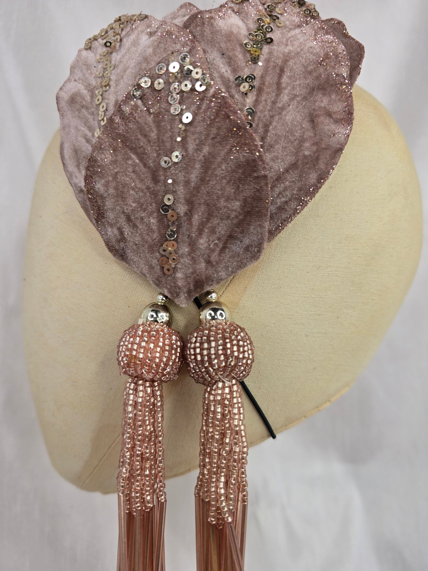 Rose gold glittered half hat/fascinator with beaded tassels (made to order)