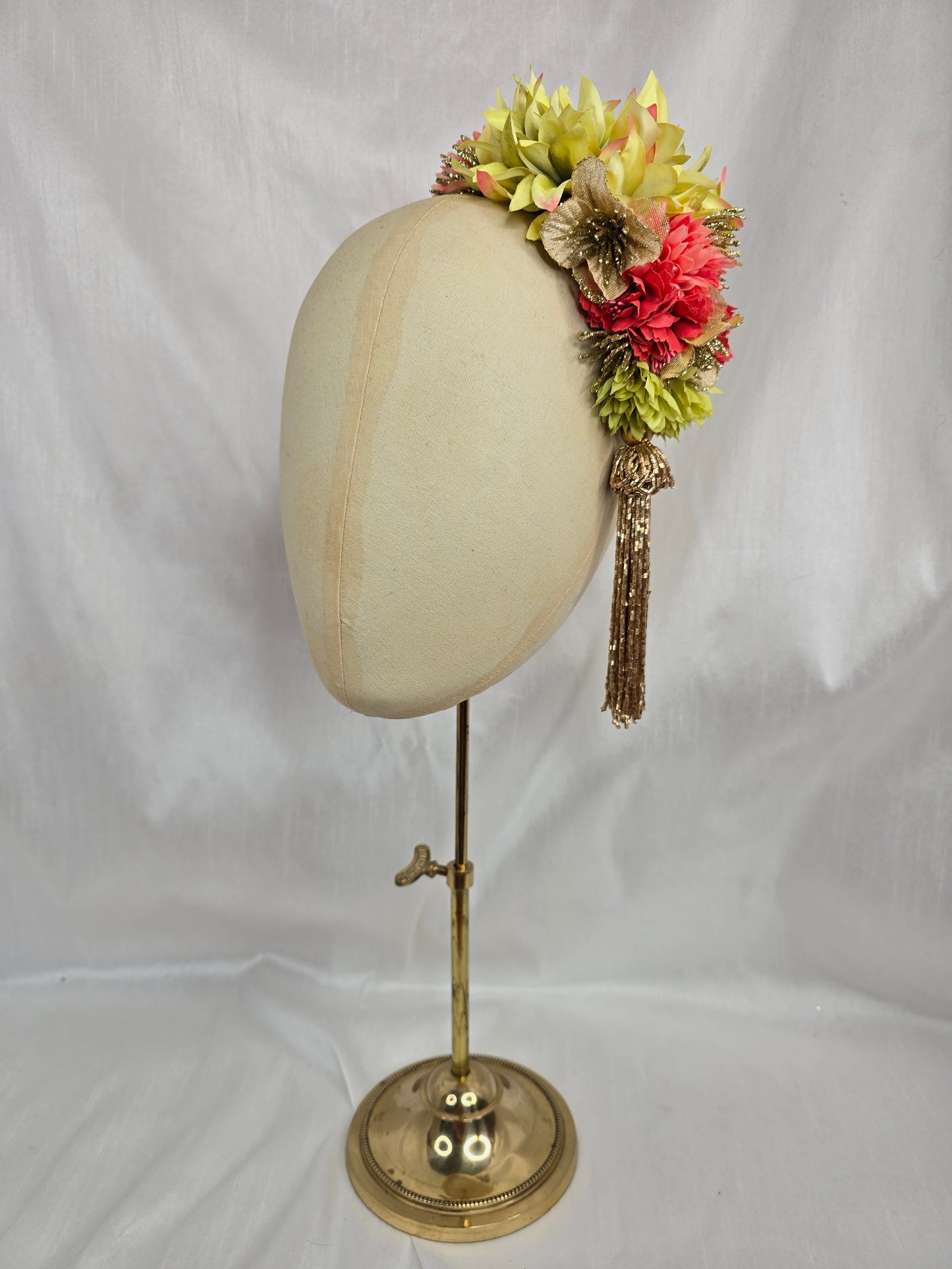 Large gold/coral/chartruese hair flower with beaded tassel