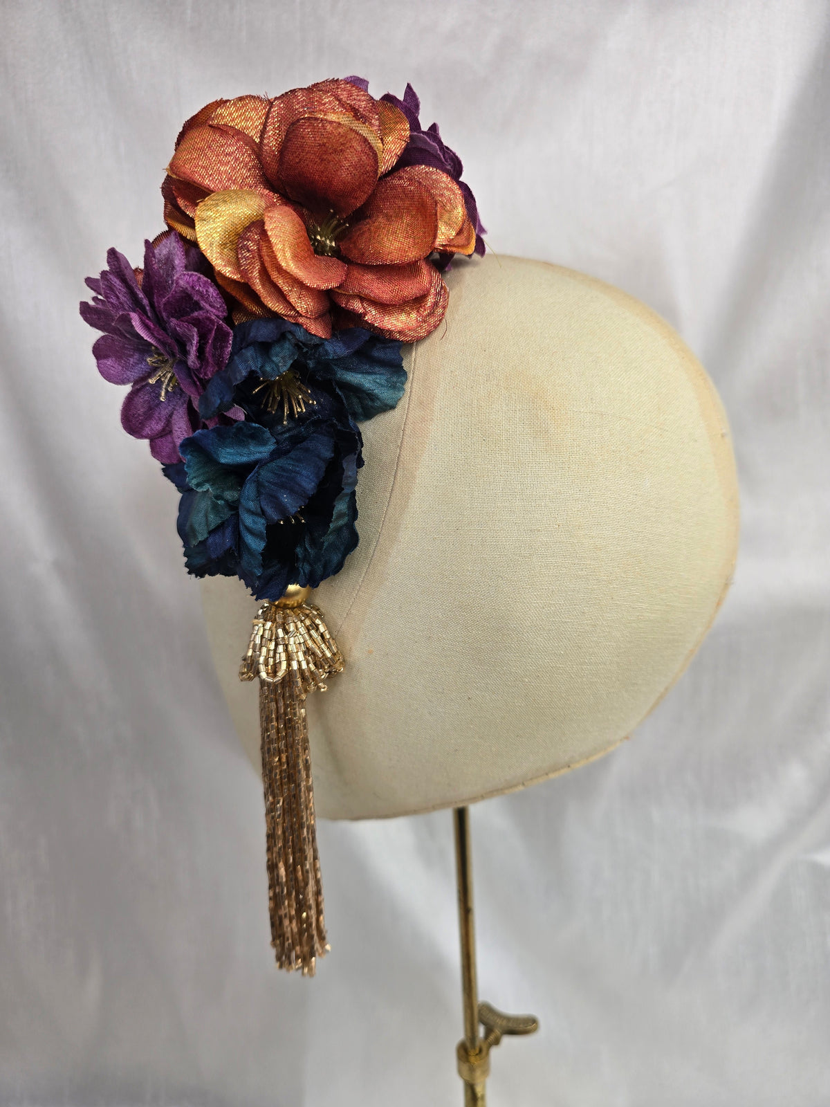 Medium multi autumn flower headpiece/corsage with beaded tassel
