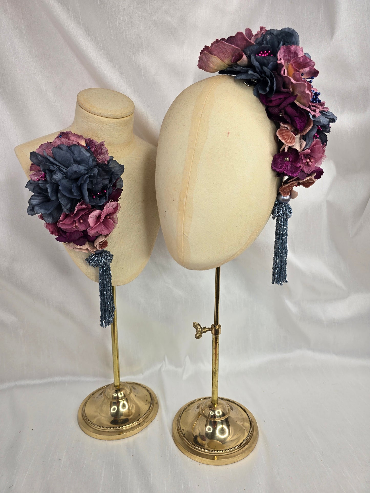 Large purple and blue flower headpiece with beaded tassel