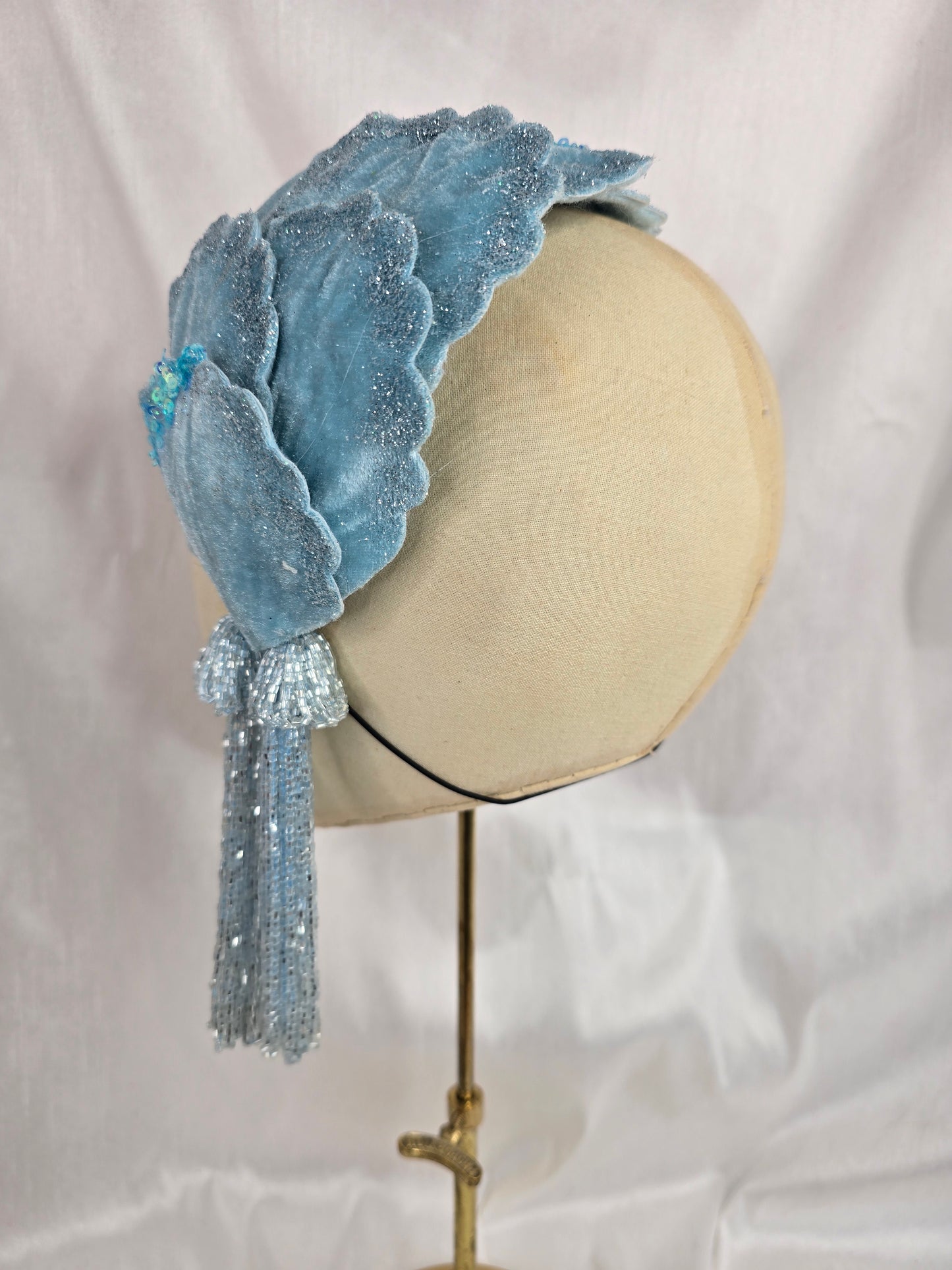 Pale aqua blue half hat/fascinator with beaded tassels (made to order)