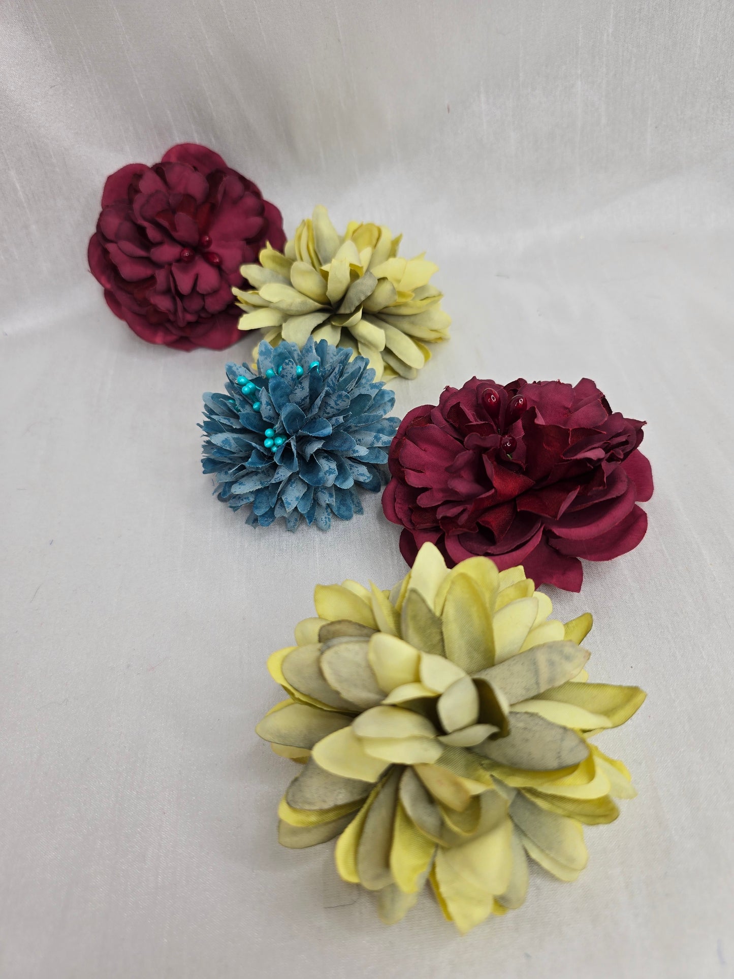 Set of 5 mix & match hair flowers/corsages - chartreuse, maroon, teal