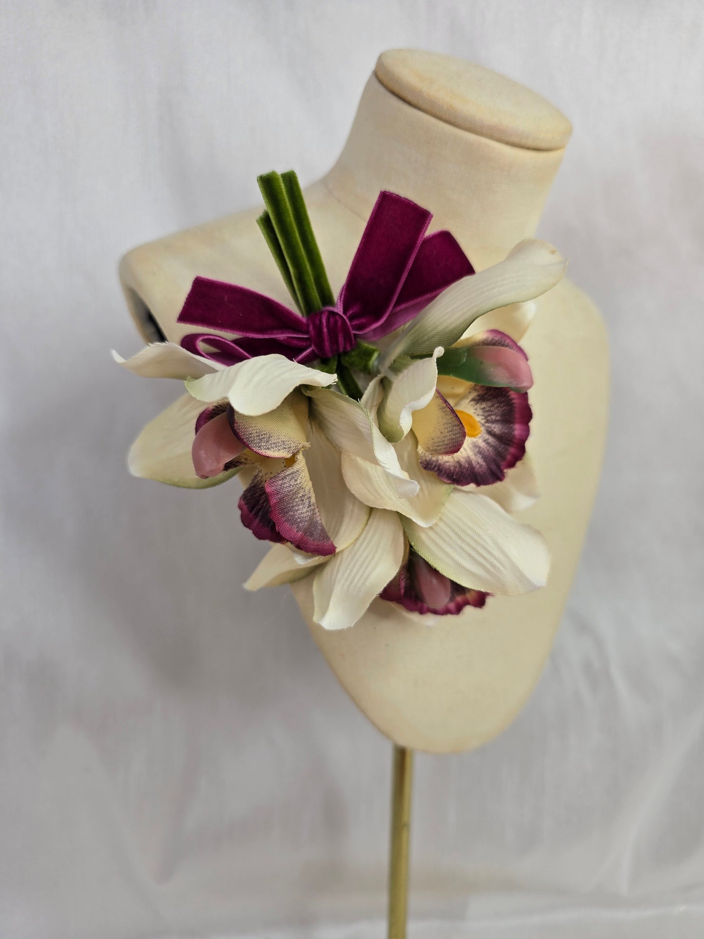 Cream and mulberry orchid hair flower and corsage set