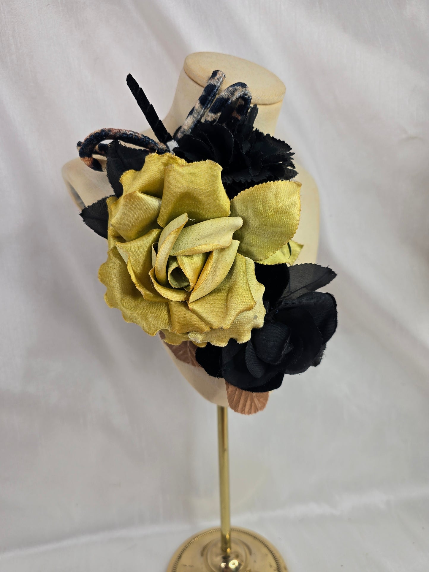 Chartruese yellow and leopard stretch velvet turban with corsage