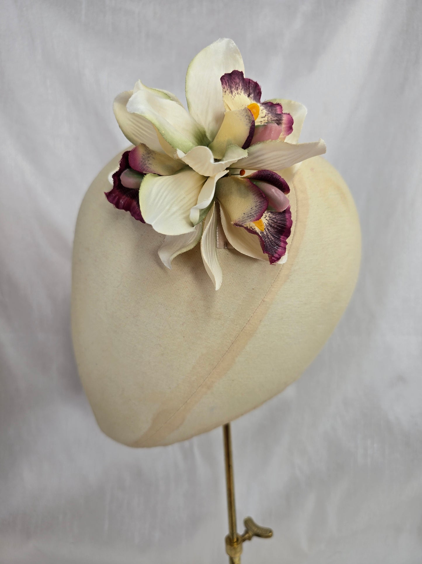 Cream and mulberry orchid hair flower and corsage set