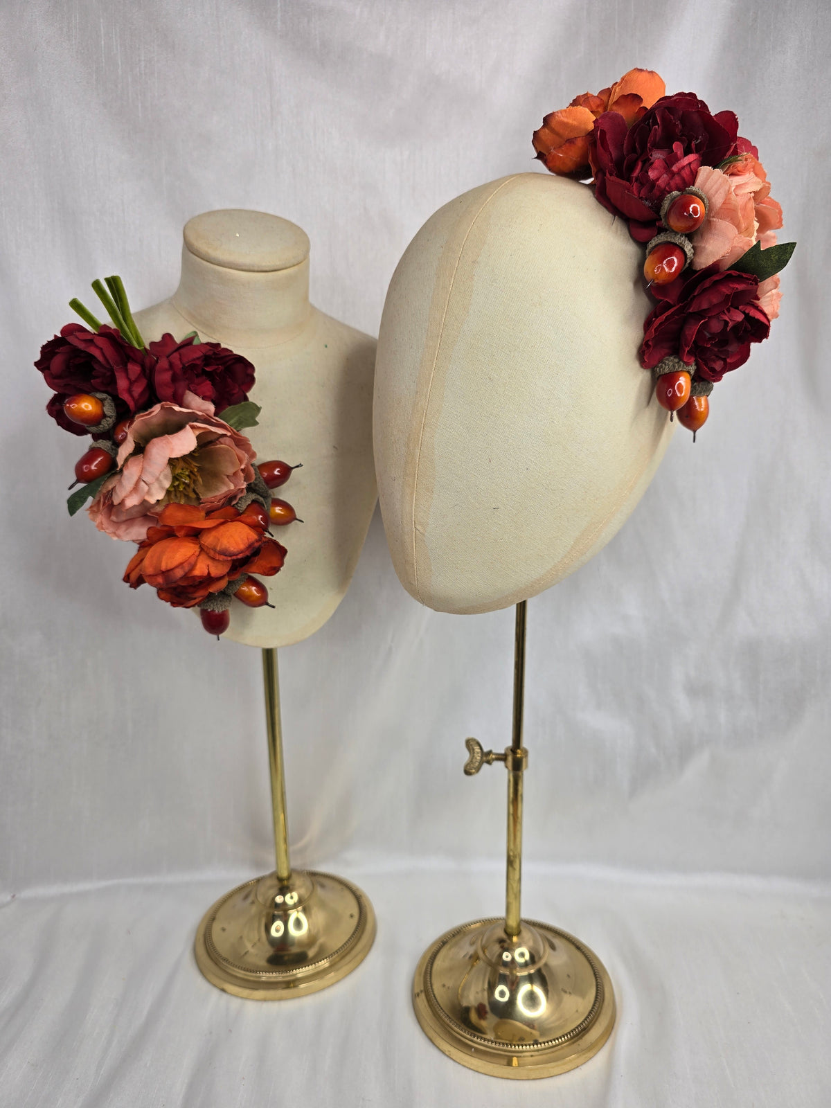 Peach, orange, red and acorn hair flower and corsage set