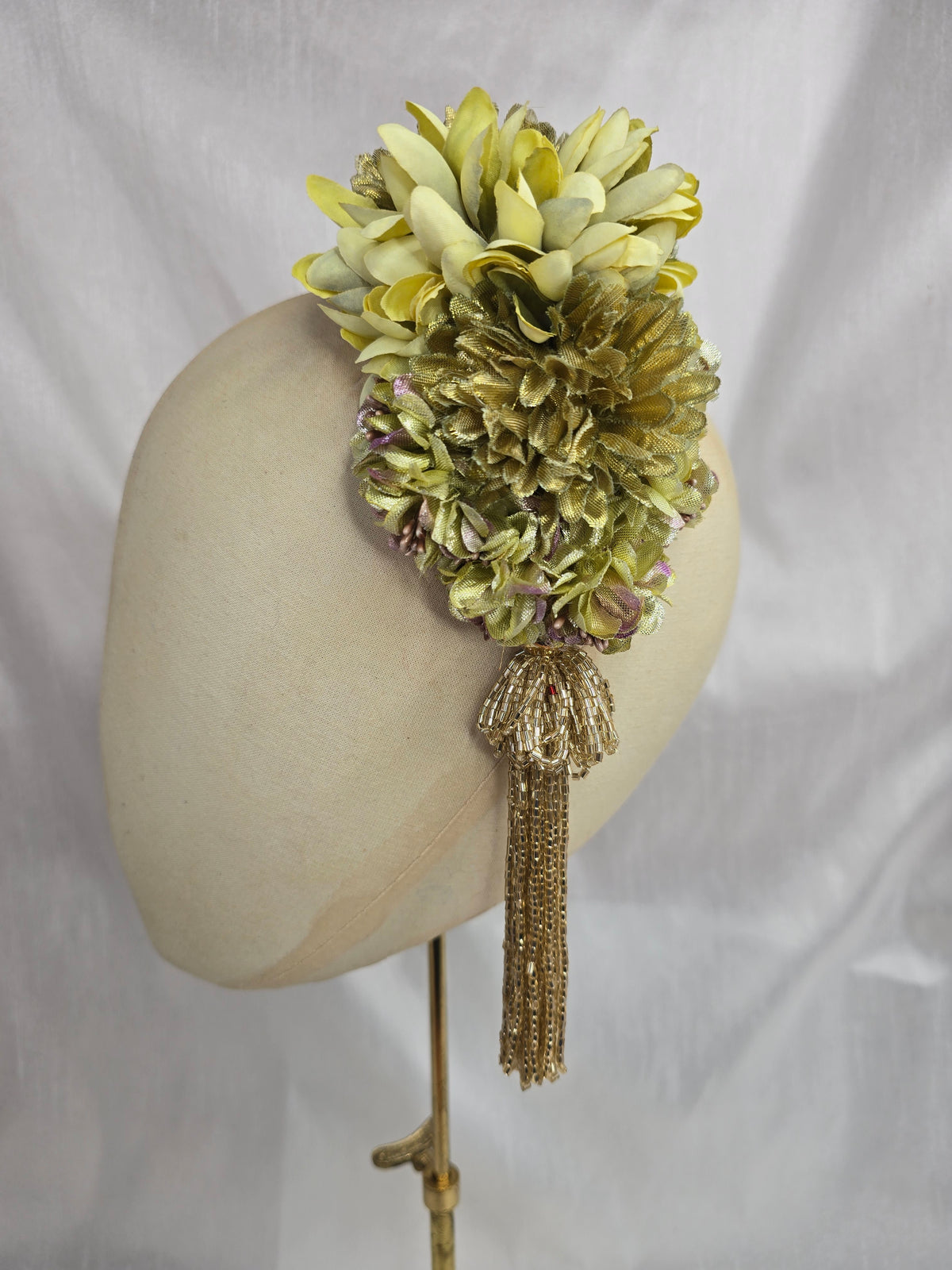 Medium chartreuse and gold flower headpiece/corsage with beaded tassel