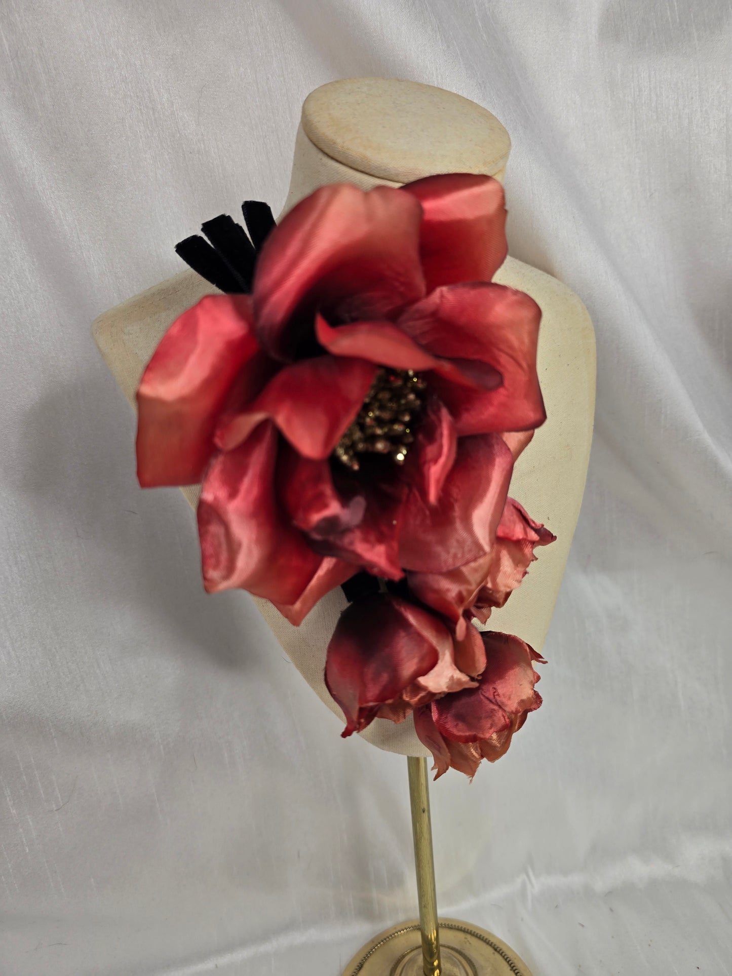 Plum brown stretch velvet turban with flower trim and corsage