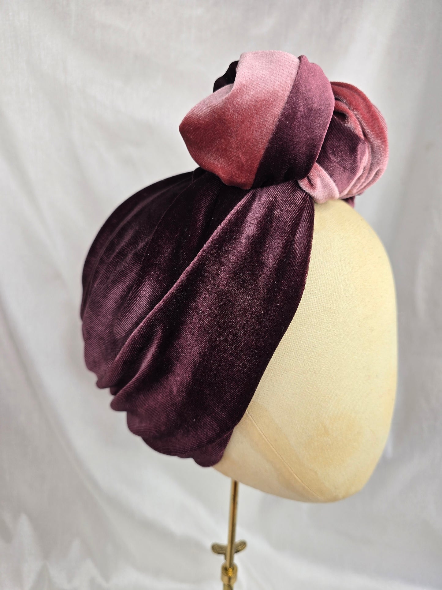 Pink and mocha stretch velvet turban with flower trim, hair flower and corsage