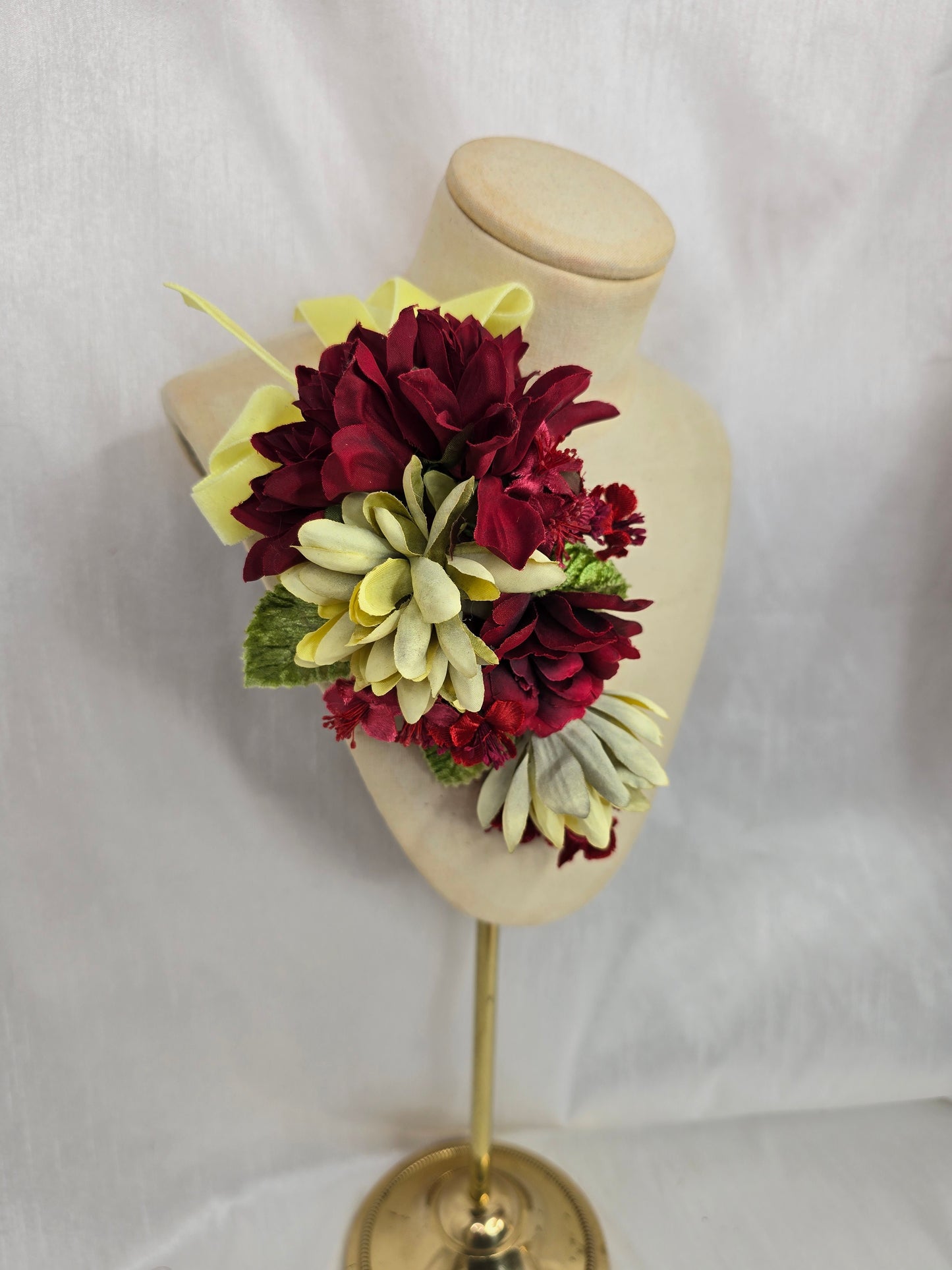 (Copy) Black and chartreuse and red stretch velvet turban with flowers