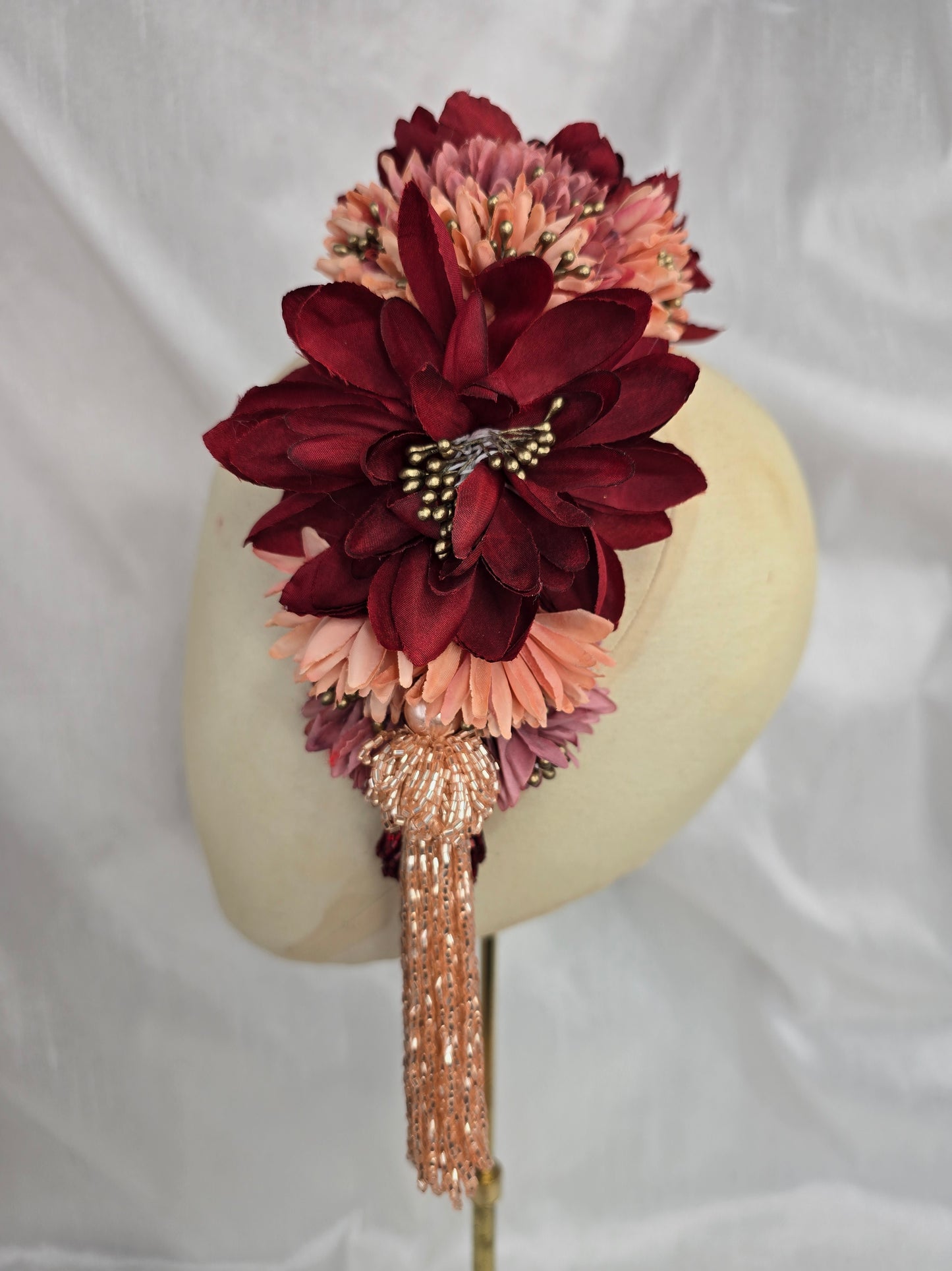 Large red, coral, pink and gold flower headpiece with beaded tassels