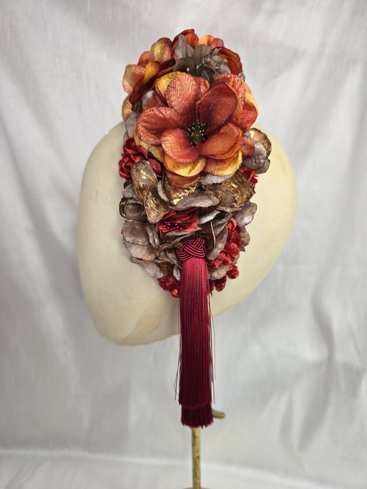 XL mocha, orange and red autumn flower headpiece with red silky tassels
