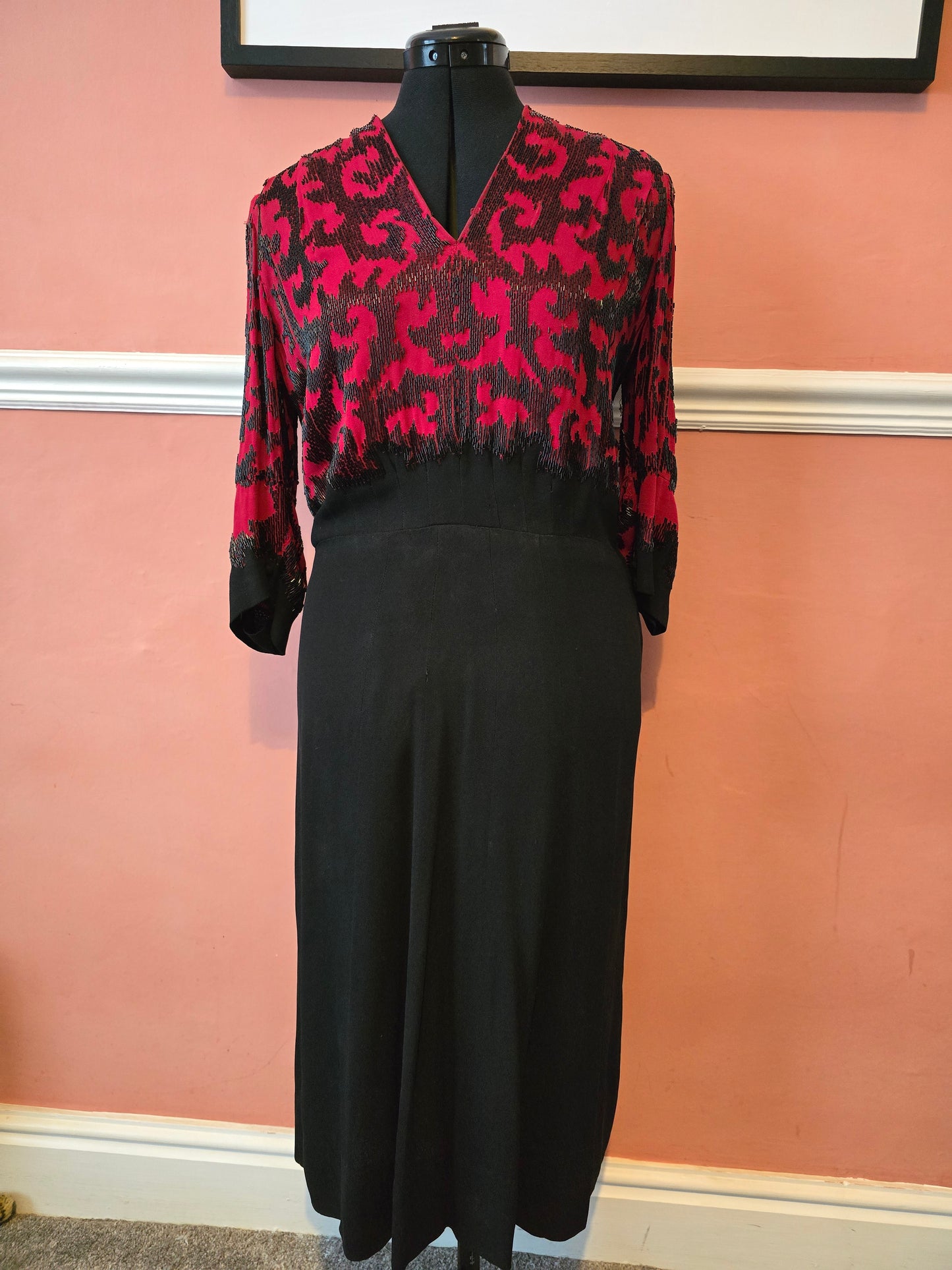 1940s crepe colour block red and black beaded dress